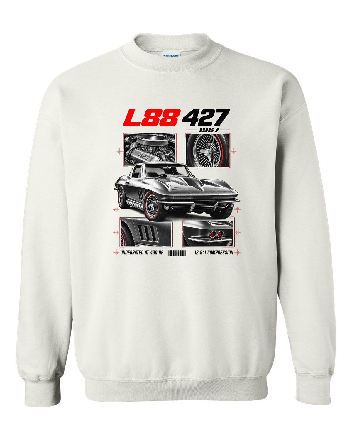 Chevrolet Corvette C2 Sting Ray 1967 L88 427 dossier print white crewneck front view with the design