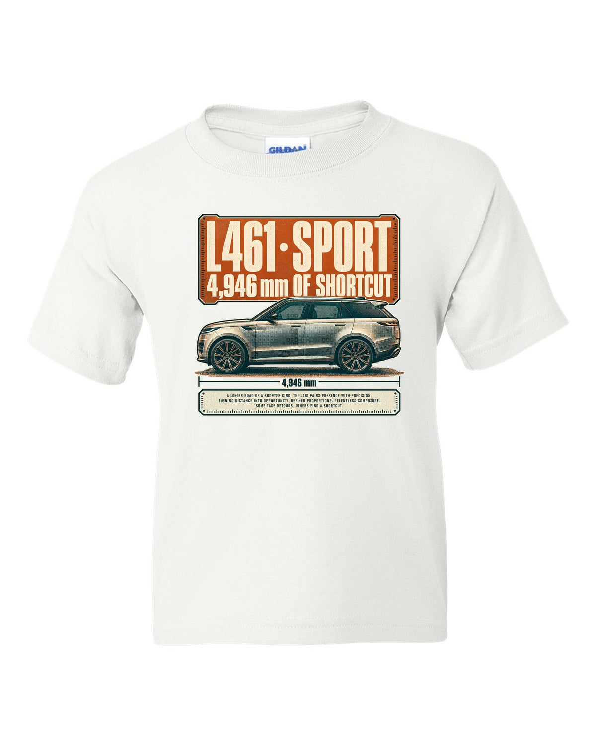 Halftone statement print of the Range Rover Sport L461 with length lettering white kids tee front view with the design