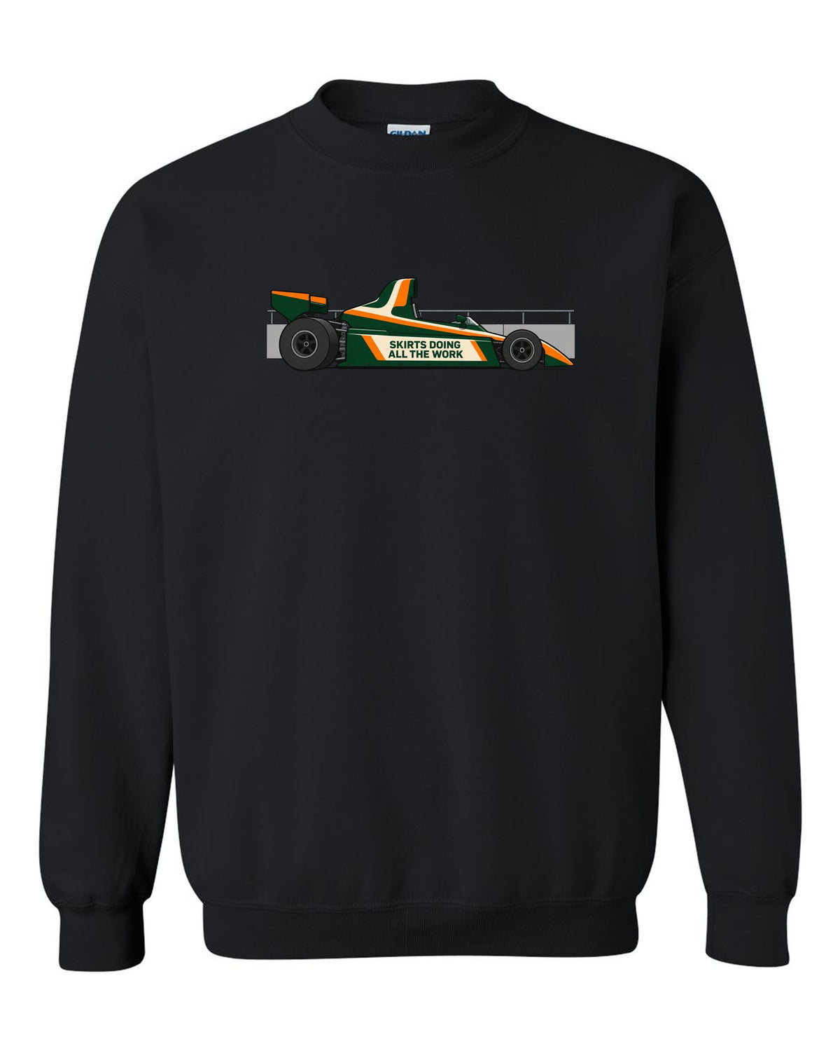 Flat vector Lotus 79 Formula 1 car with the lettering skirts doing all the work black crewneck front view with the design