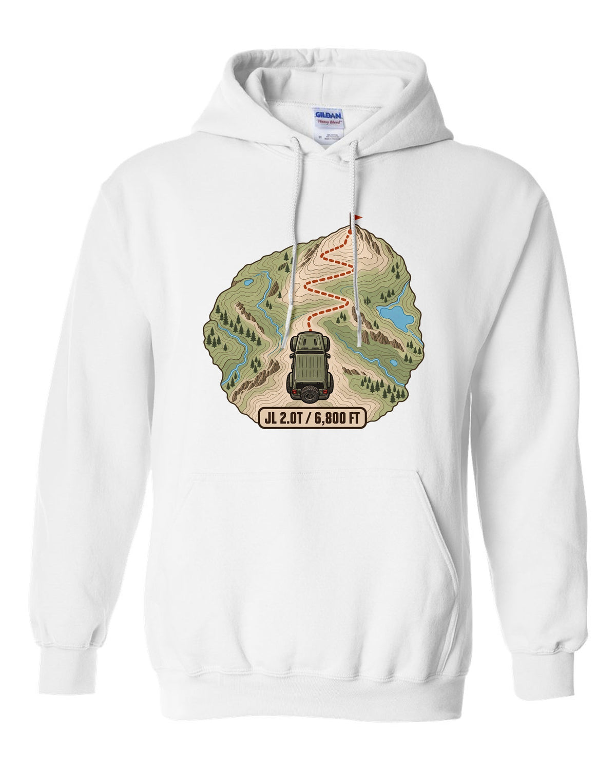 Jeep Wrangler JL 2.0T topographic contour map design with route line and 6,800 ft text white pull over hoodie front view with the design