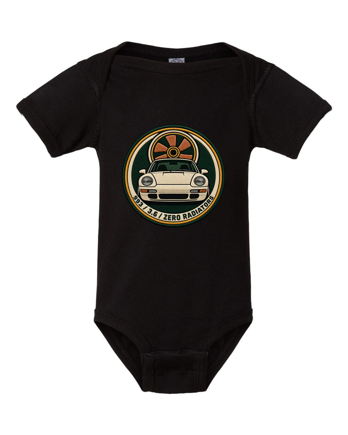 Round crest print of a Porsche 911 993 with the text 993, 3.6 and zero radiators black baby onesie front view with the design