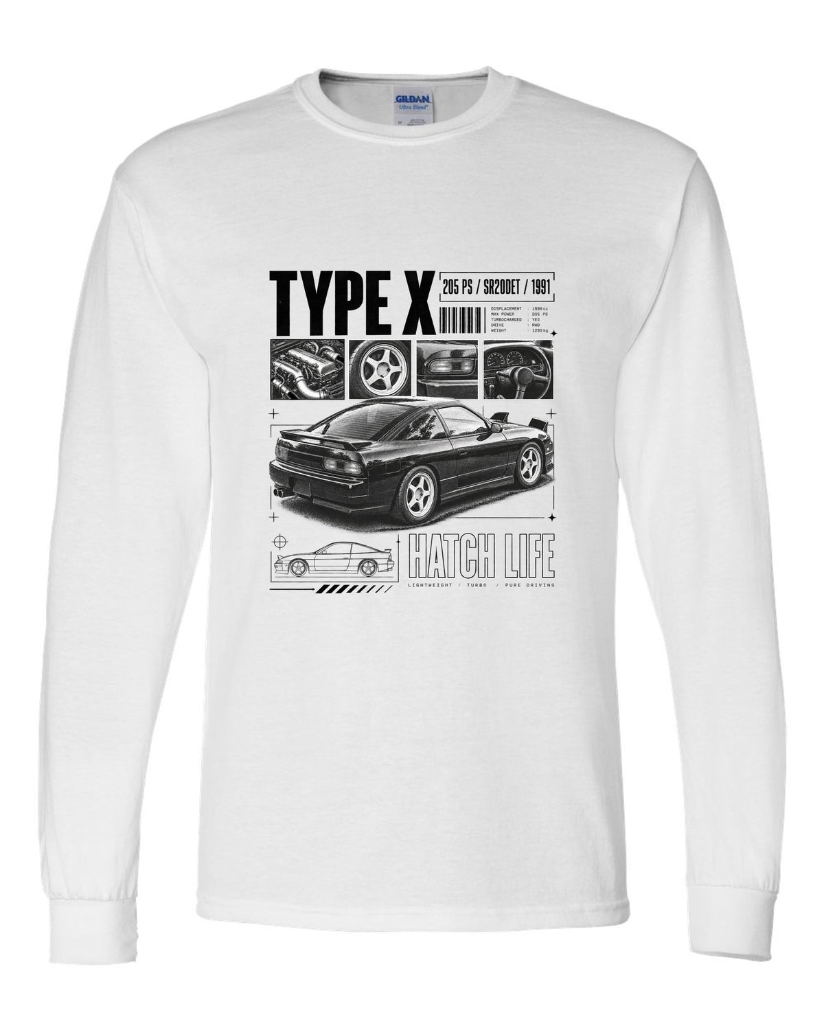Dossier panels of a Nissan 180SX Type X with 205 PS, SR20DET and 1991 lettering white long sleeve front view with the design