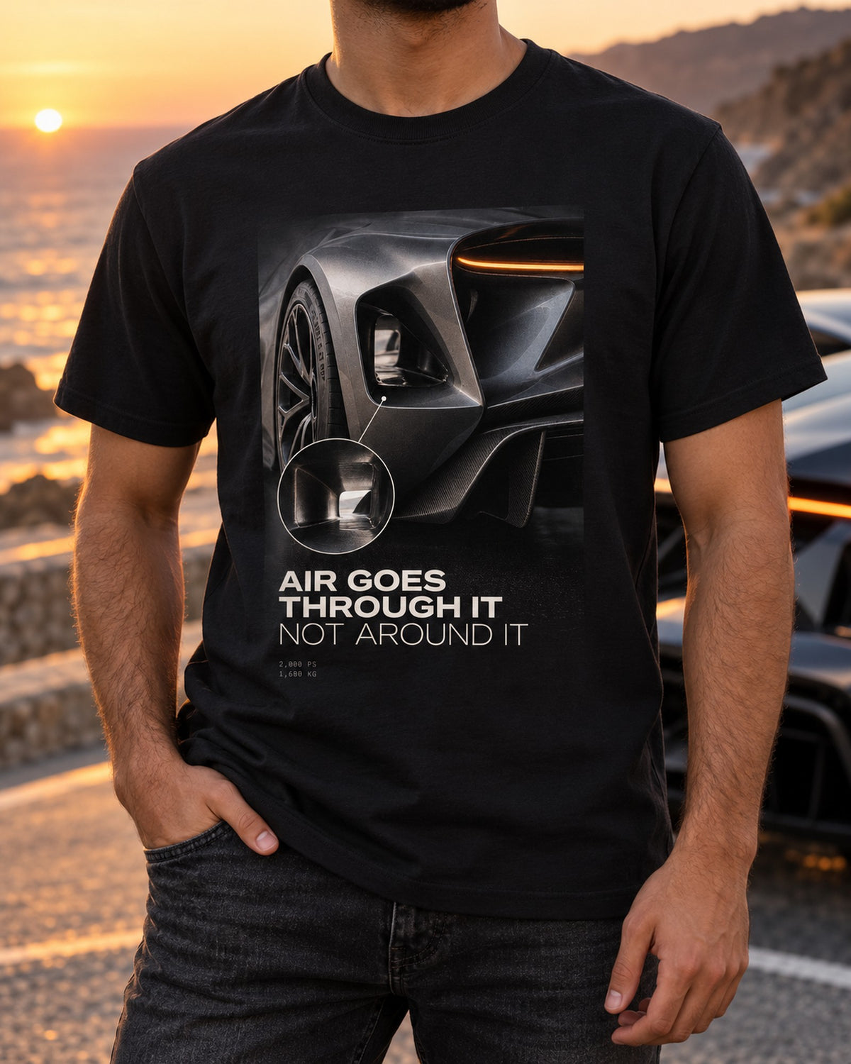 Lotus Evija Rear Tunnel Macro Tee, Air Goes Through It T-Shirt Black worn hero