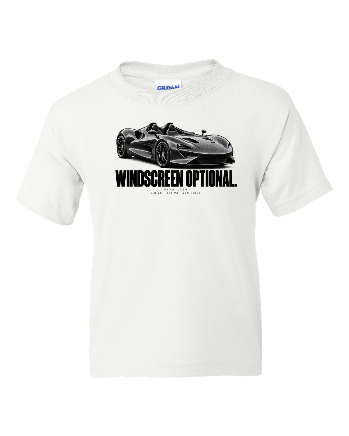 Halftone print of a 2020 McLaren Elva with windscreen optional text and 804 PS white kids tee front view with the design