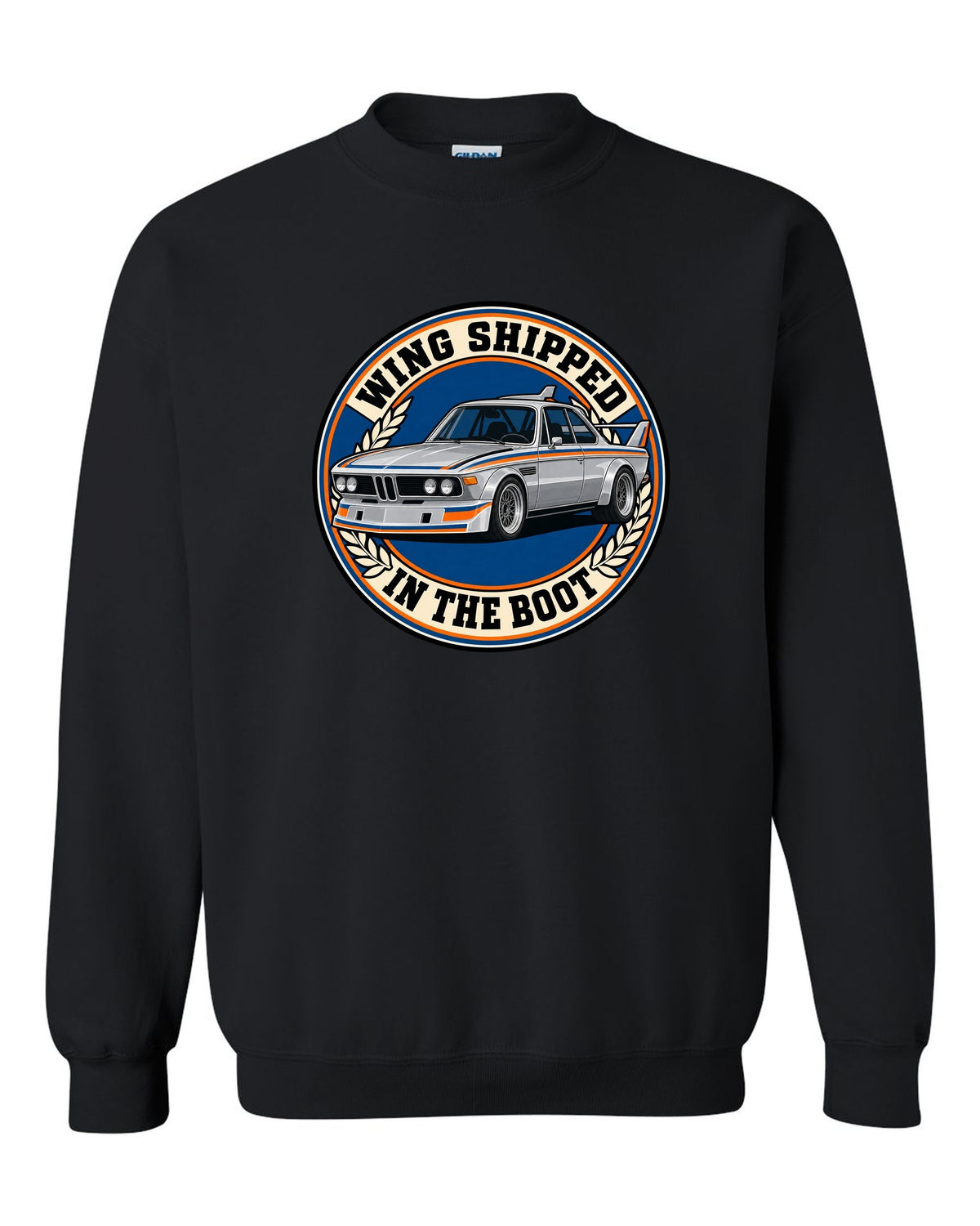 Embroidery-style varsity crest print of a BMW 3.0 CSL E9 with wing in the boot text black crewneck front view with the design