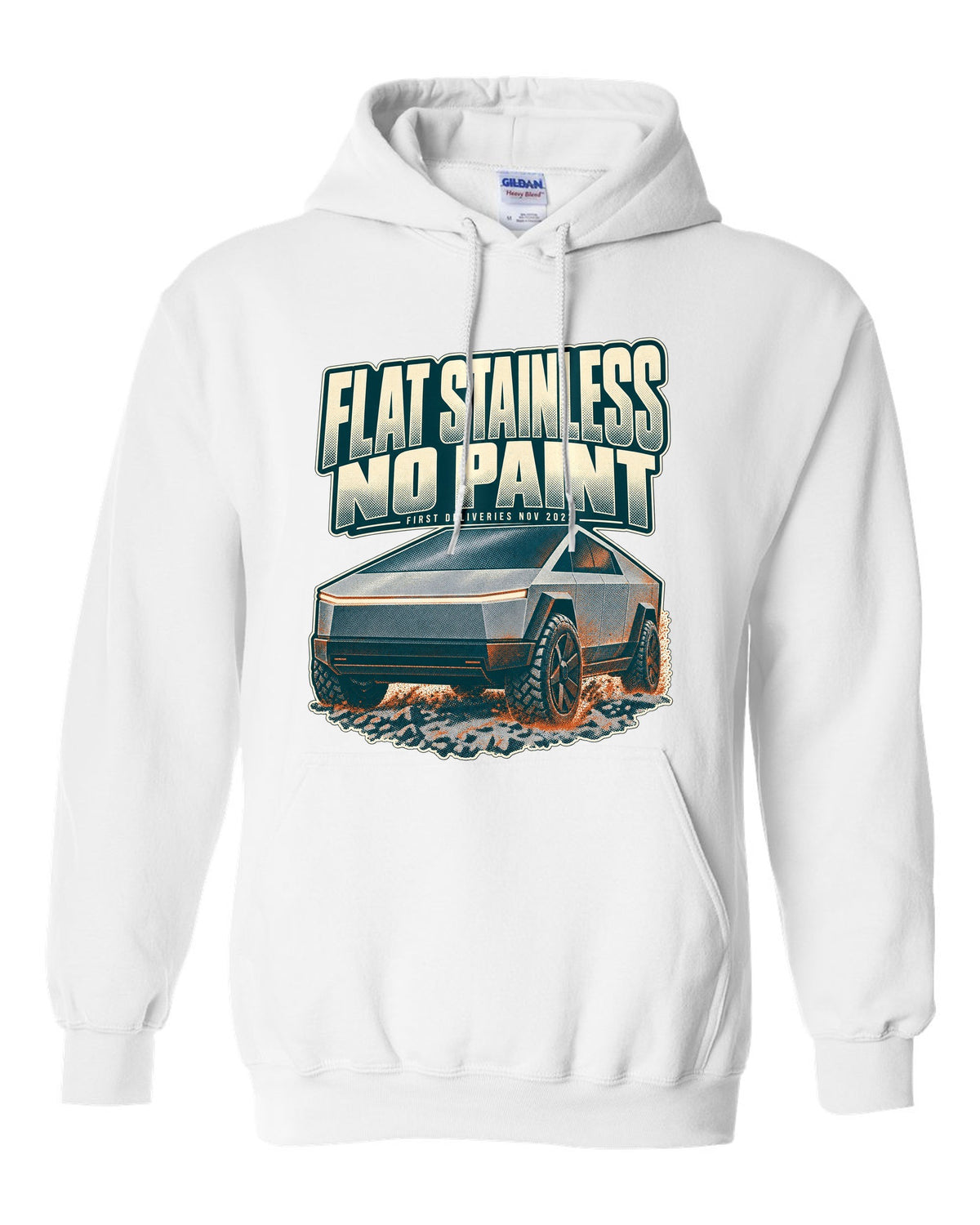 Halftone print of a Tesla Cybertruck front three-quarter with flat stainless text white pull over hoodie front view with the design