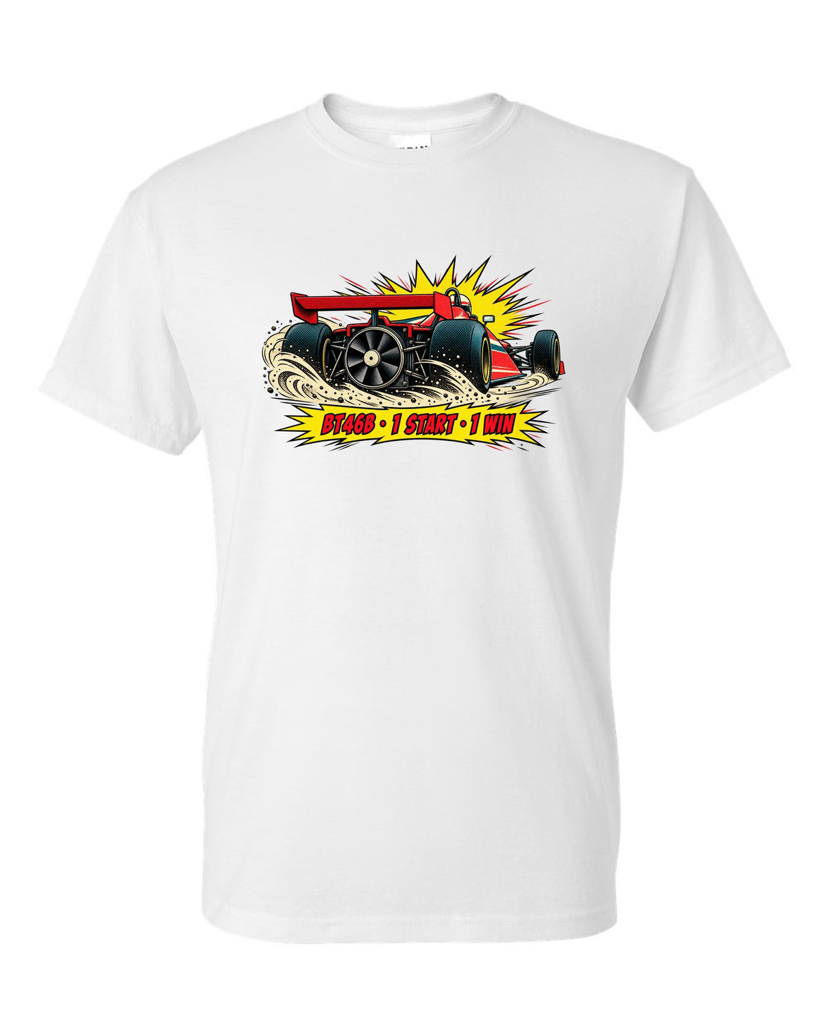 Comic halftone pop-art of the Brabham BT46B fan car with 1 start, 1 win text white t-shirt front view with the design