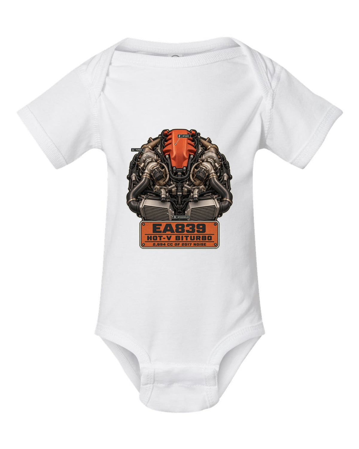 Engine hero poster of the Audi RS5 B9 EA839 hot-V biturbo white baby onesie front view with the design