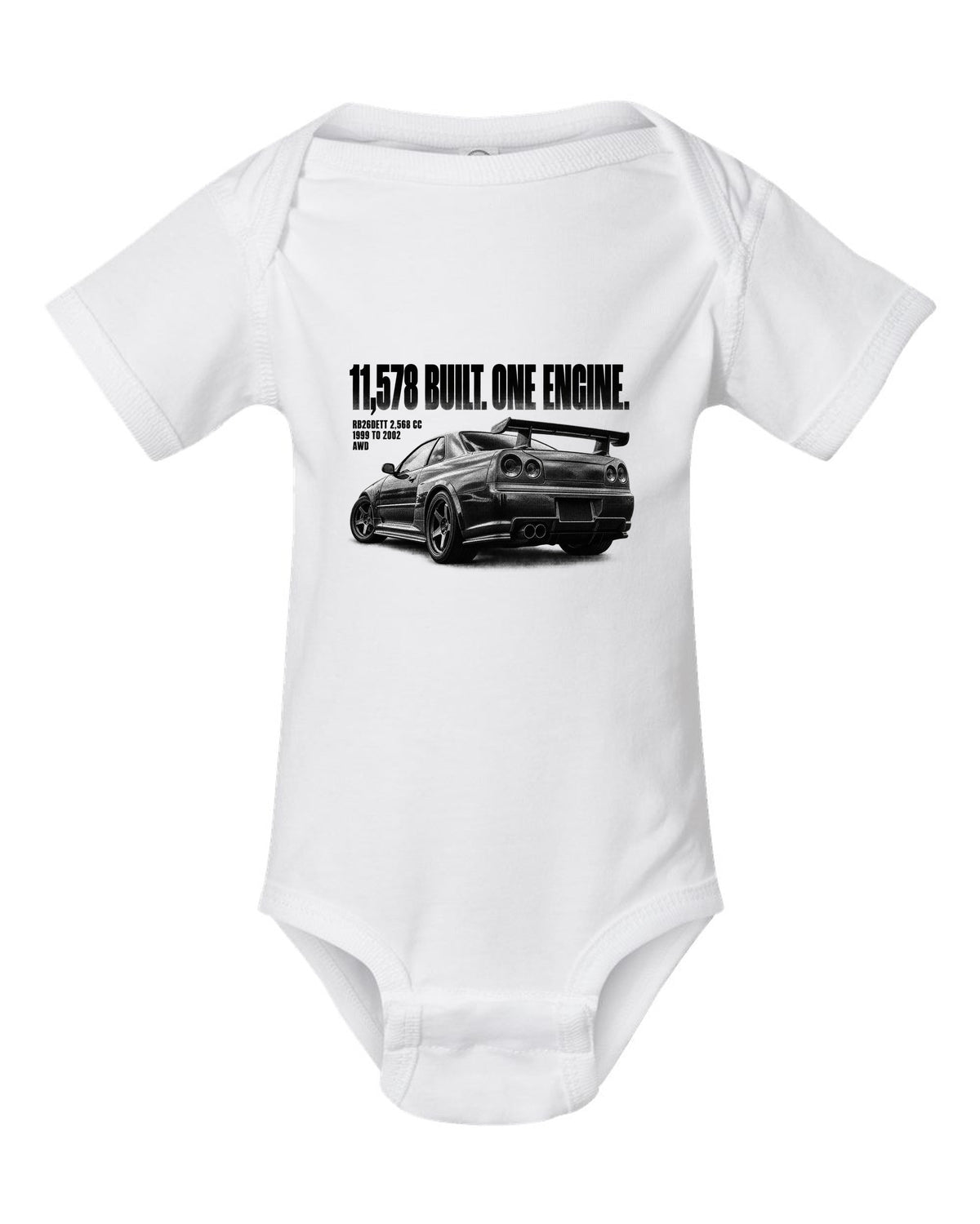 Halftone rear three-quarter view of a Nissan Skyline GT-R R34 with 11,578 built lettering white baby onesie front view with the design