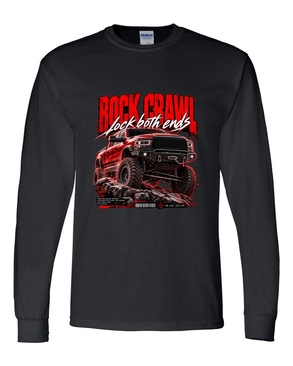 Street poster print of a 2019-2024 Ram 2500 Power Wagon with winch bumper black long sleeve front view with the design