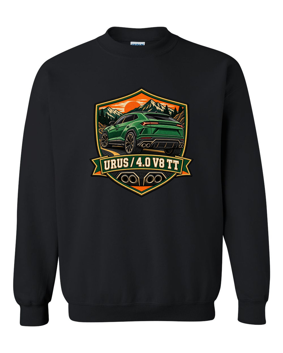 Embroidery-style shield crest of a Lamborghini Urus with 4.0 V8 TT text black crewneck front view with the design