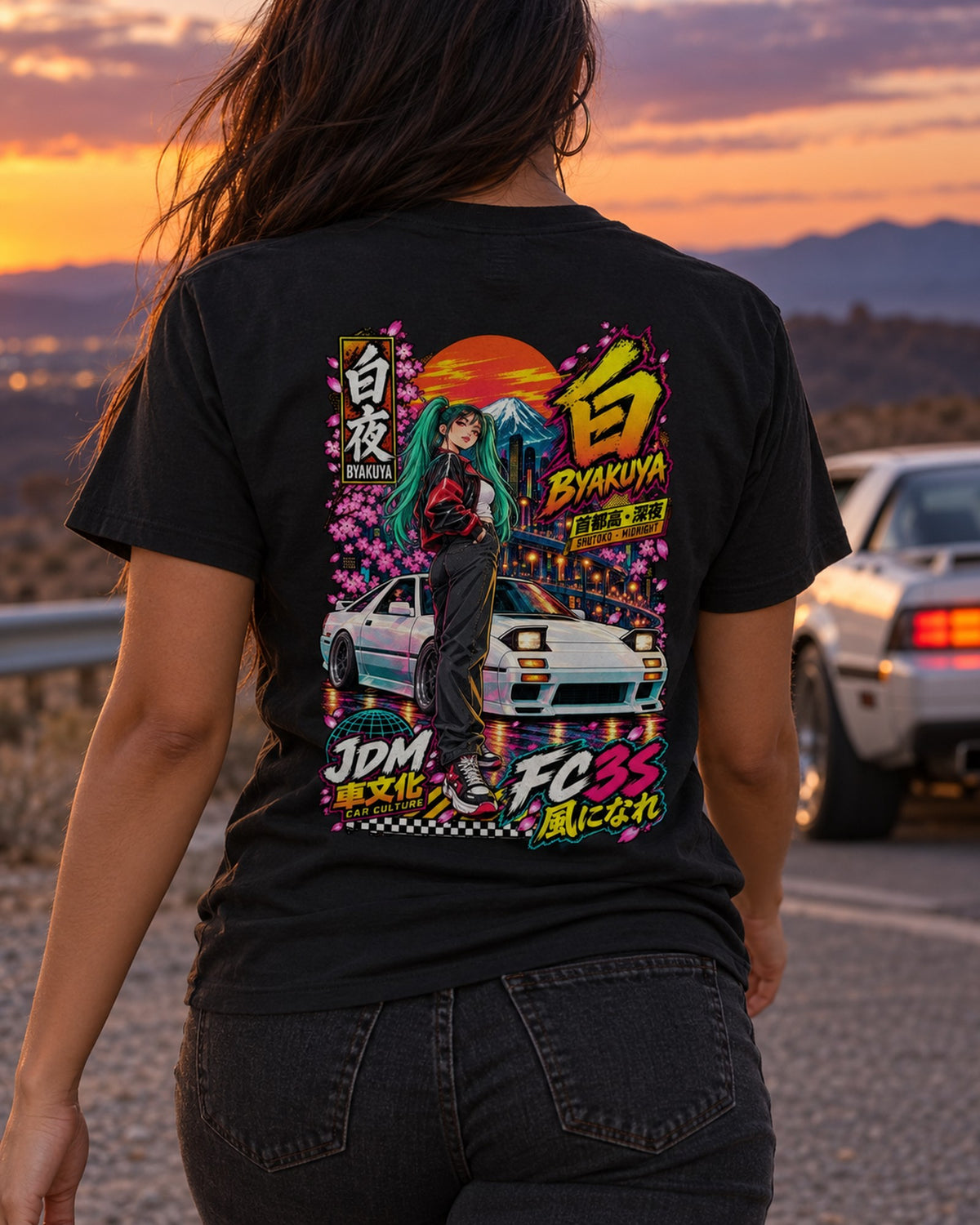 BYAKUYA FC3S Anime Girl Full-Back Graphic Tee T-Shirt Black worn hero