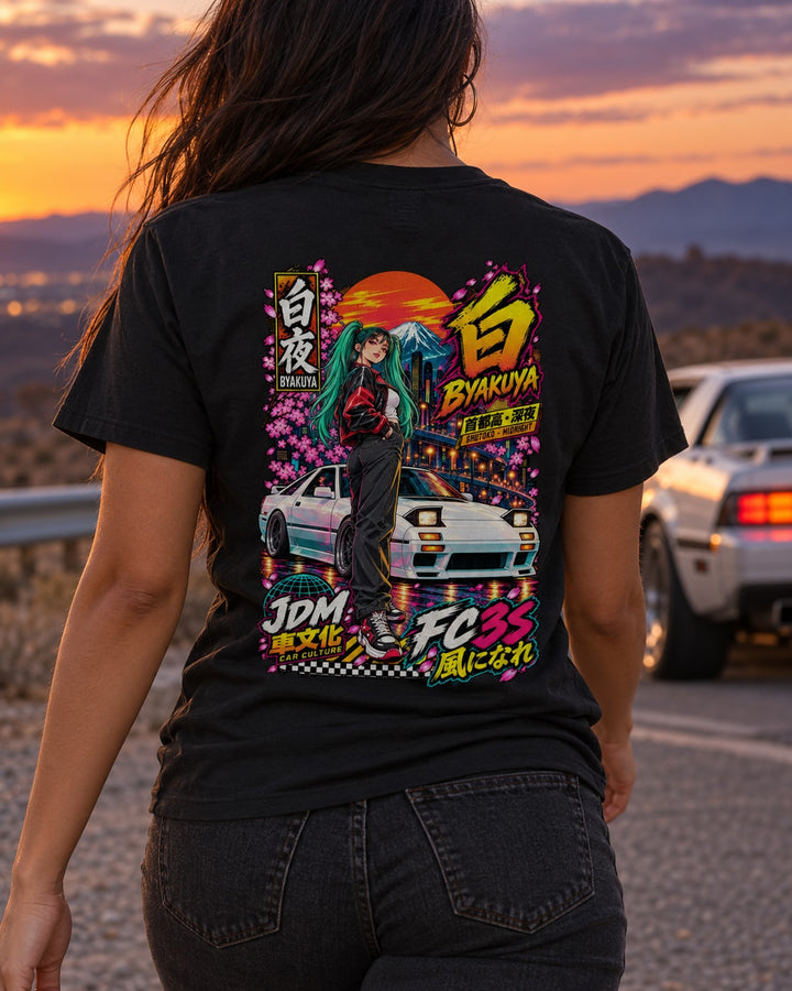 BYAKUYA FC3S Anime Girl Full-Back Graphic Tee T-Shirt Black worn hero