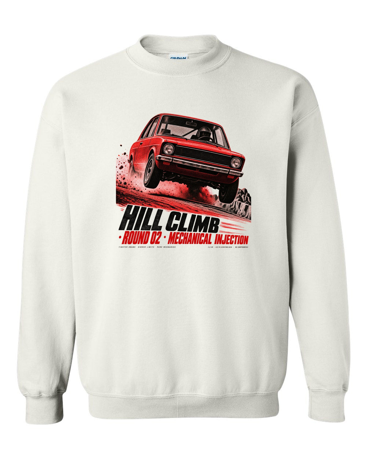 BMW 2002 tii hill climb race poster print with mechanical injection text white crewneck front view with the design