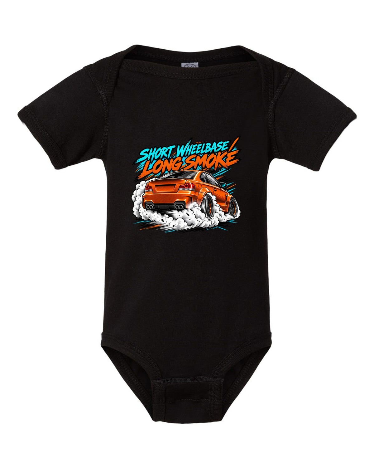 Retro manga halftone panel print of a BMW 1 Series M Coupe E82 burnout black baby onesie front view with the design