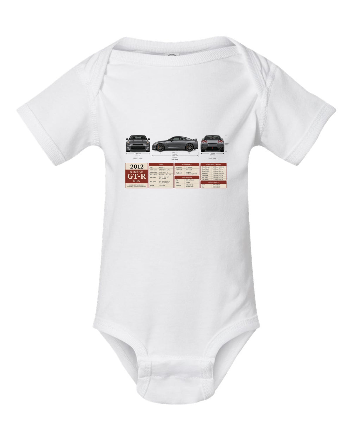 Three-view drawing and spec table of a 2012 Nissan GT-R R35 in graphite grey white baby onesie front view with the design