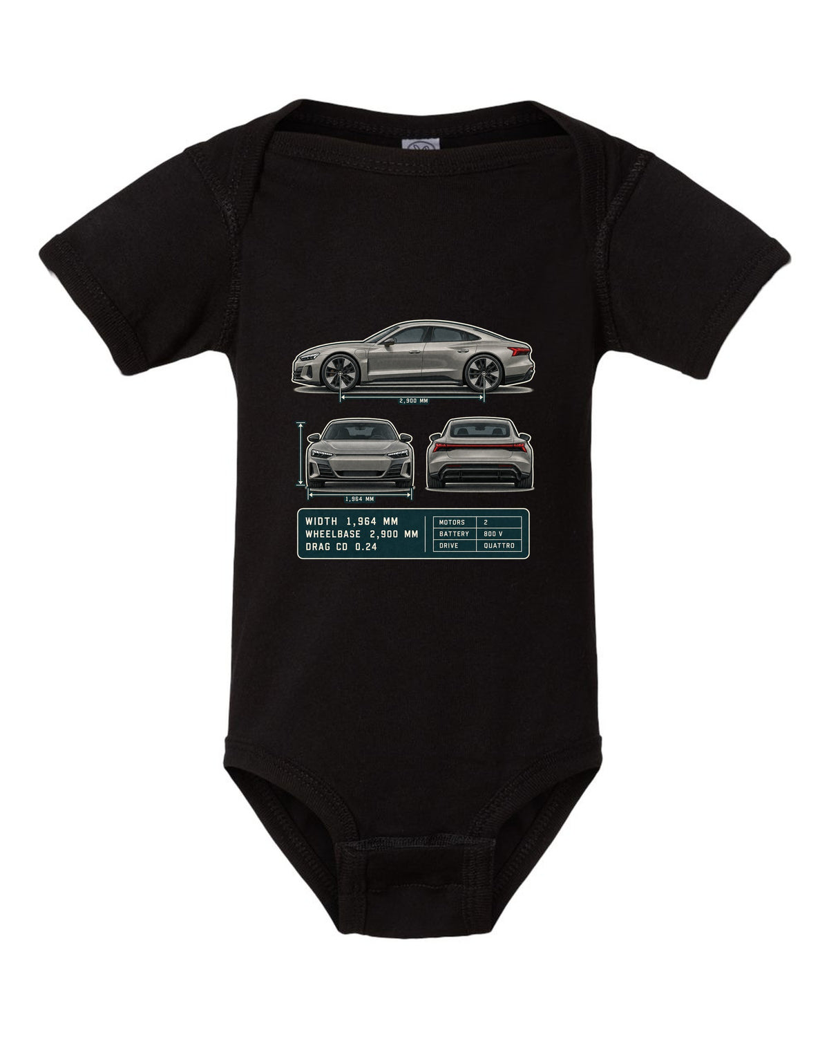 Audi RS e-tron GT Three-View Spec Table Tee, Cd 0.24 Car black baby onesie front view with the design