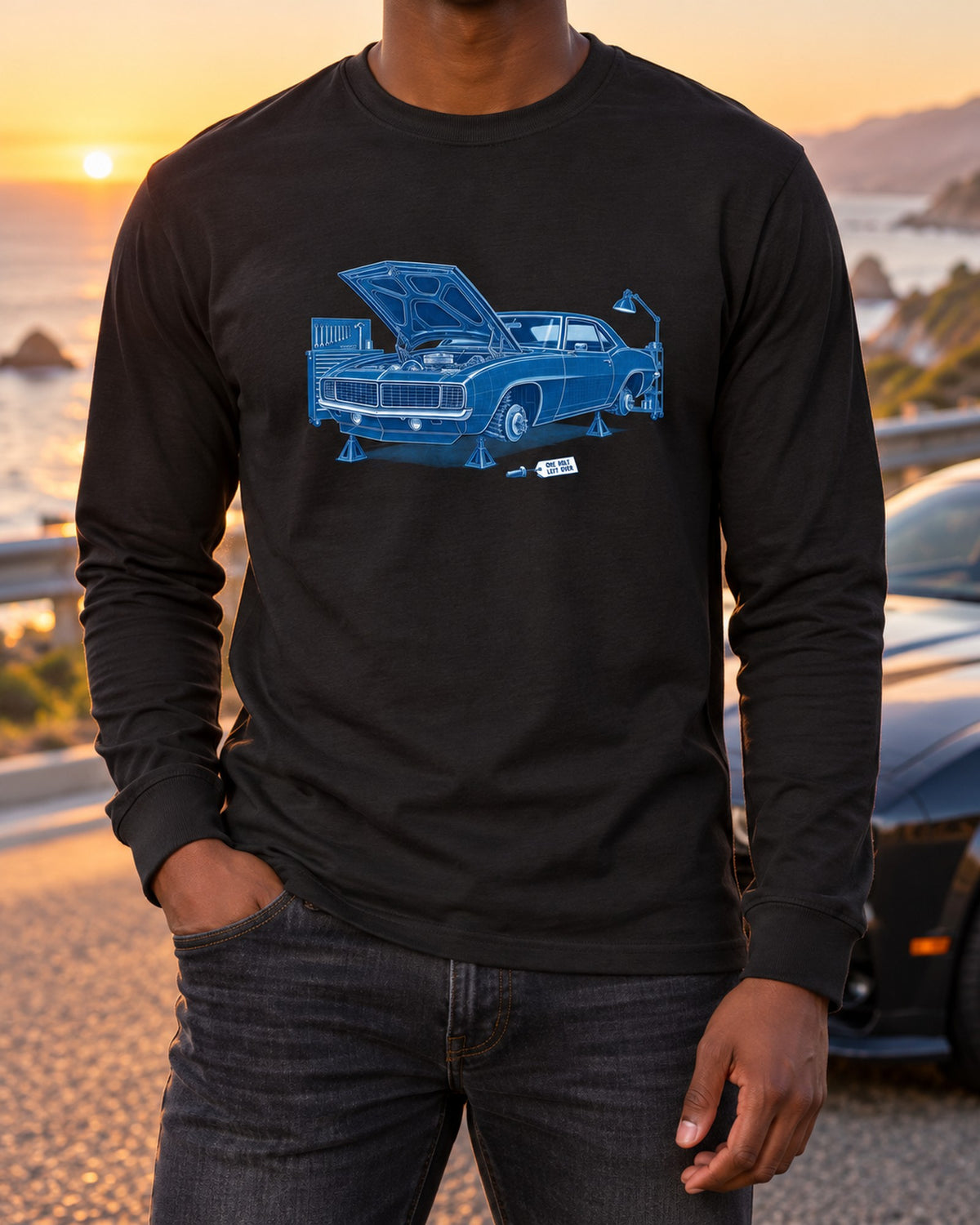 1969 Camaro Cyanotype Shirt, One Bolt Left Over Garage Tee Long Sleeve Black worn hero