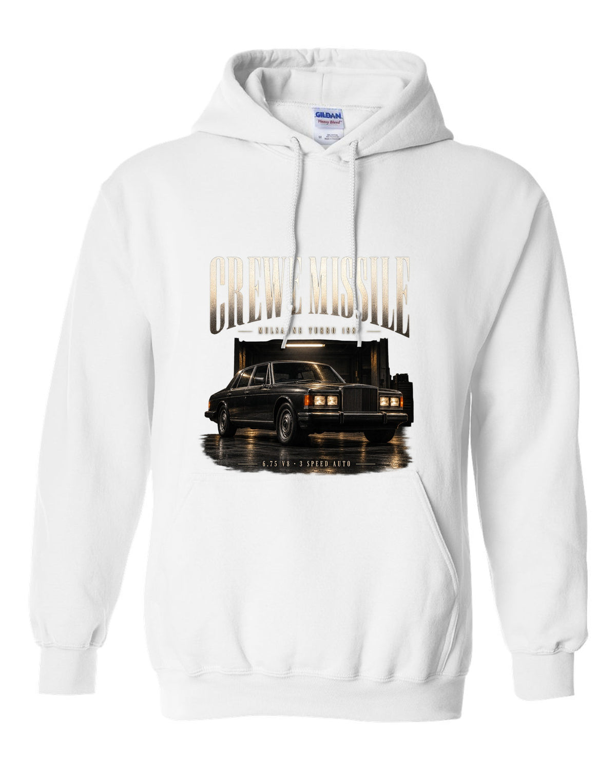 Bentley Mulsanne Turbo 1982 in a garage at night white pull over hoodie front view with the design
