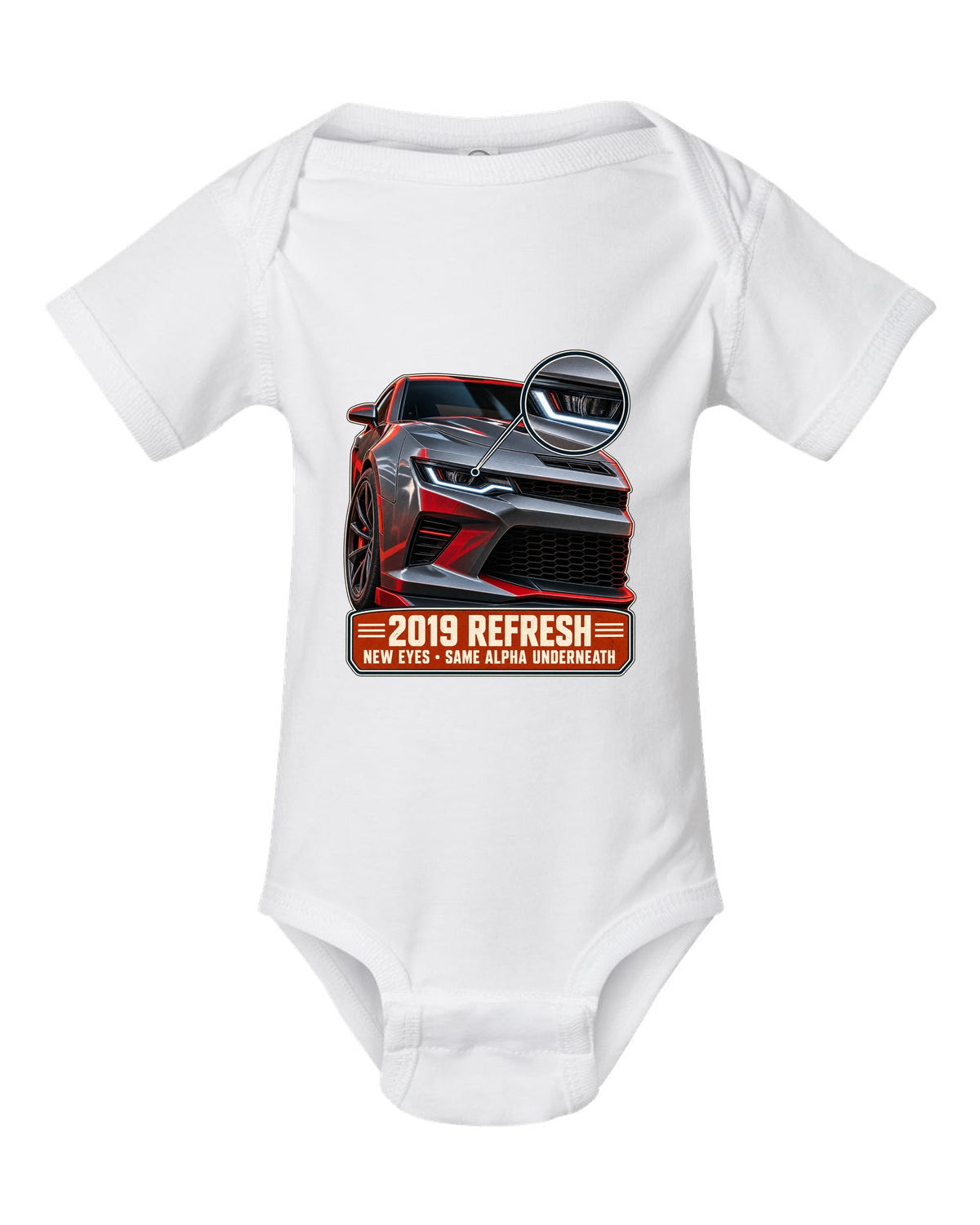 Macro detail print of a 2019 Chevrolet Camaro SS refresh white baby onesie front view with the design