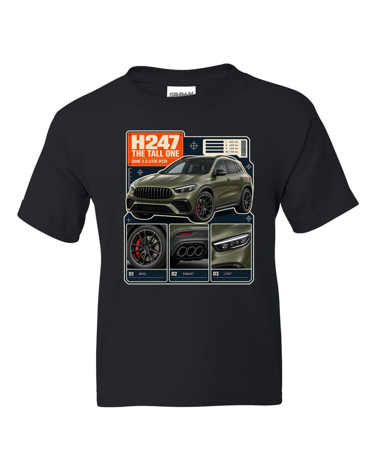 Mercedes-AMG GLA 45 S H247 dossier panel print black kids tee front view with the design