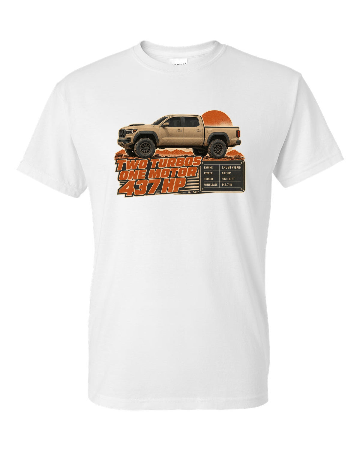 Toyota Tundra TRD Pro i-FORCE MAX hybrid spec poster design white t-shirt front view with the design