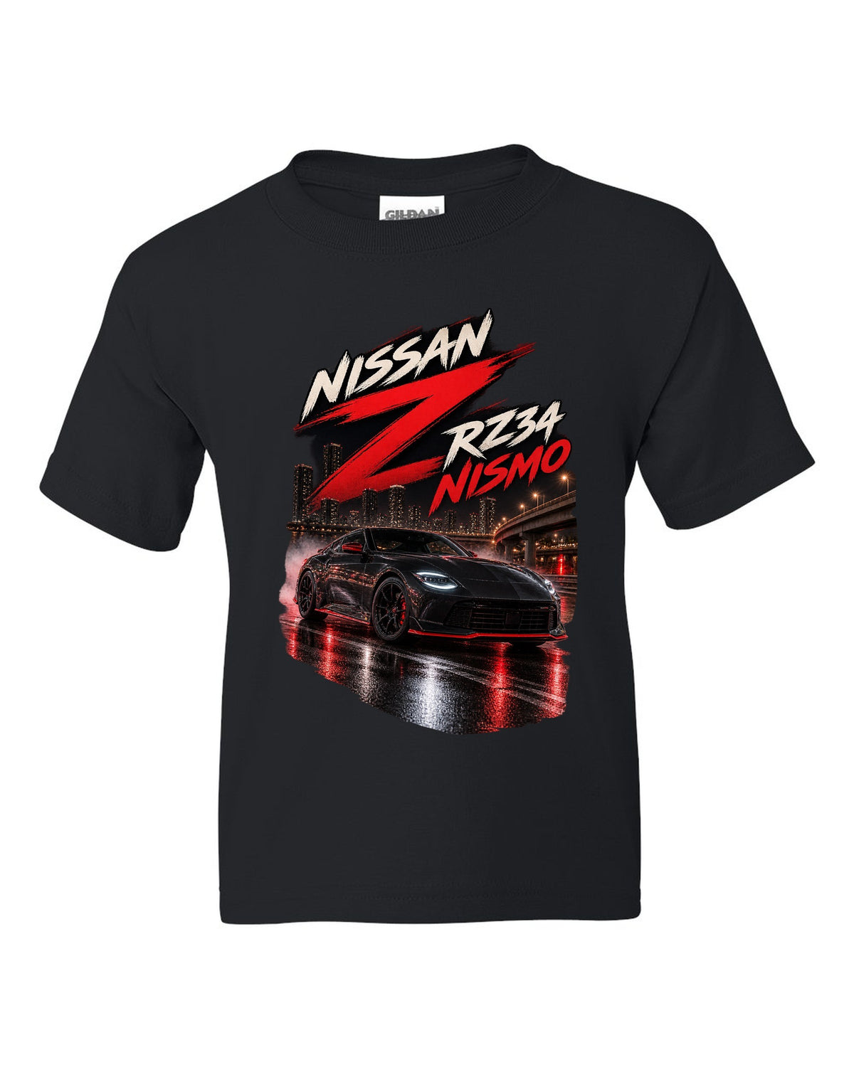 Nissan RZ34 Z spec poster with 2022 debut, VR30DDTT and 400 hp text black kids tee front view with the design