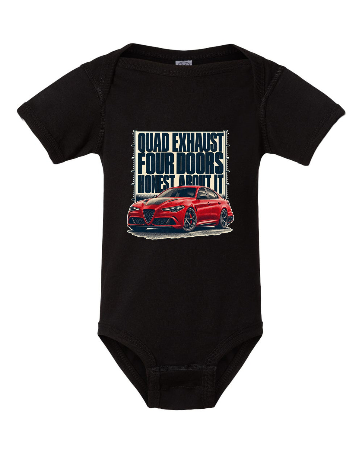Alfa Romeo Giulia Quadrifoglio halftone statement print black baby onesie front view with the design