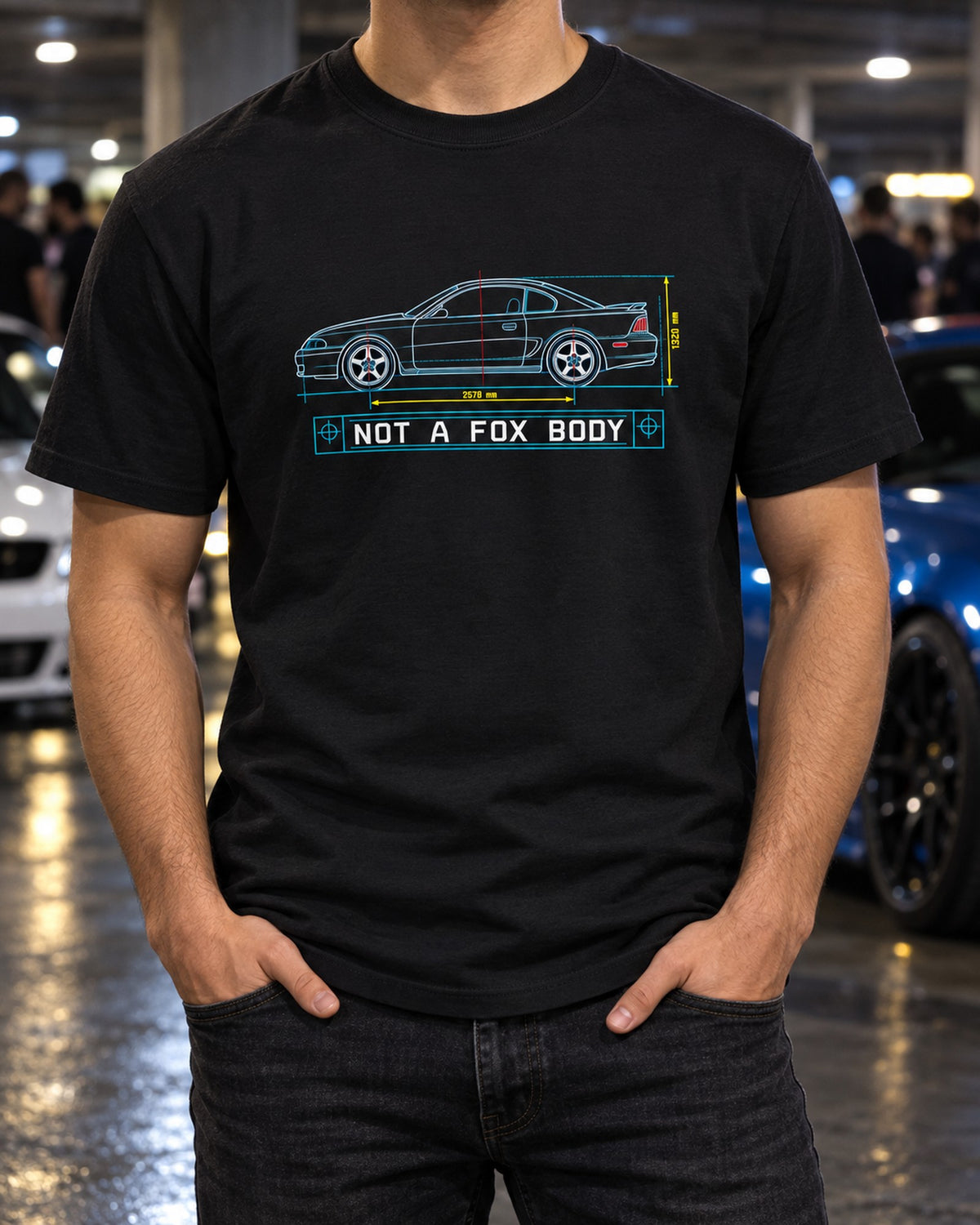1994-98 SN95 Mustang Coupe Blueprint Shirt, Not A Fox Body T-Shirt Black worn hero