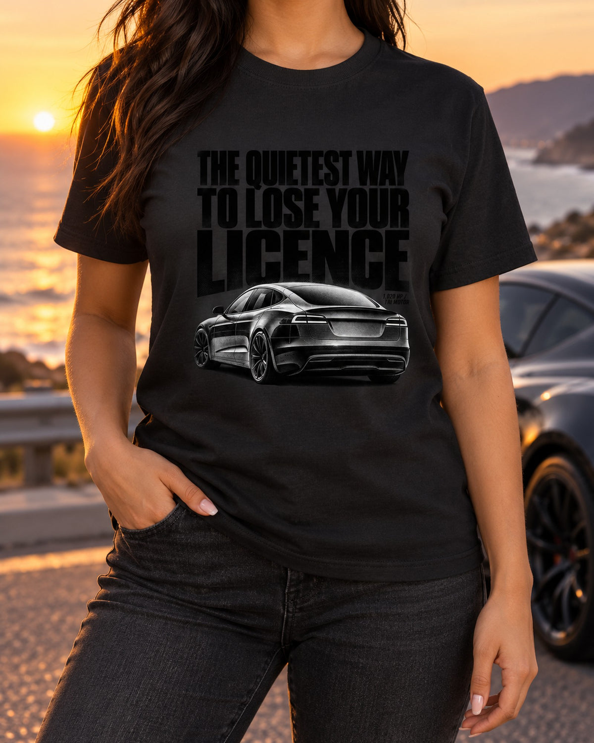 Tesla Model S Plaid Rear Three-Quarter Halftone Shirt, Tri Motor T-Shirt Black worn hero