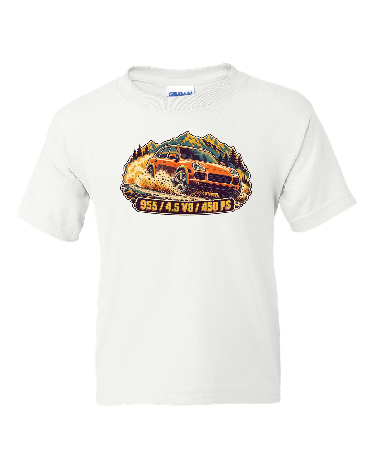 Retro manga halftone print of a Porsche Boxster Spyder 981 taillight with the text 981, 3.8 and 375 PS white kids tee front view with the design