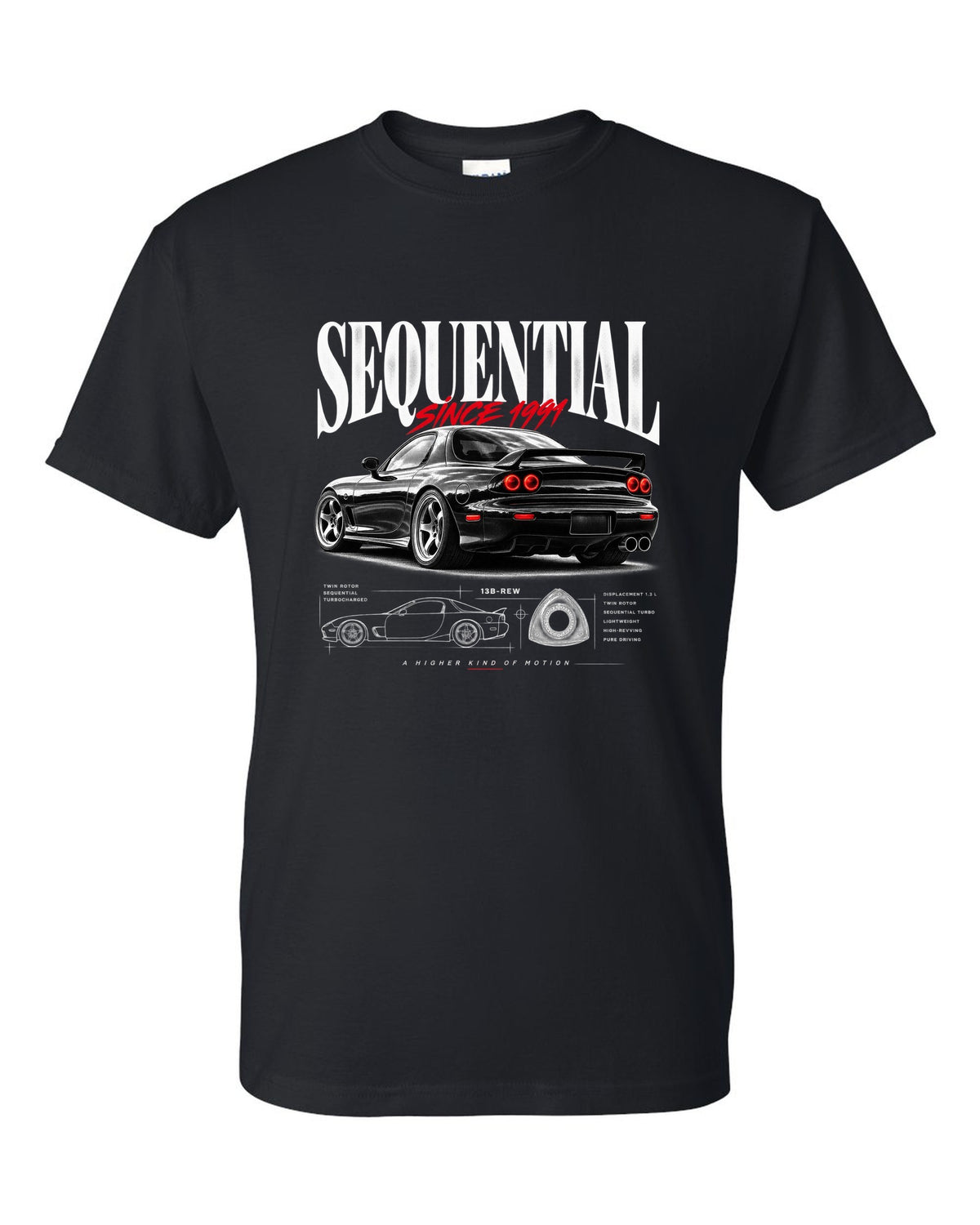 Editorial print of a Mazda RX-7 FD3S rear three-quarter with sequential headline black t-shirt front view with the design