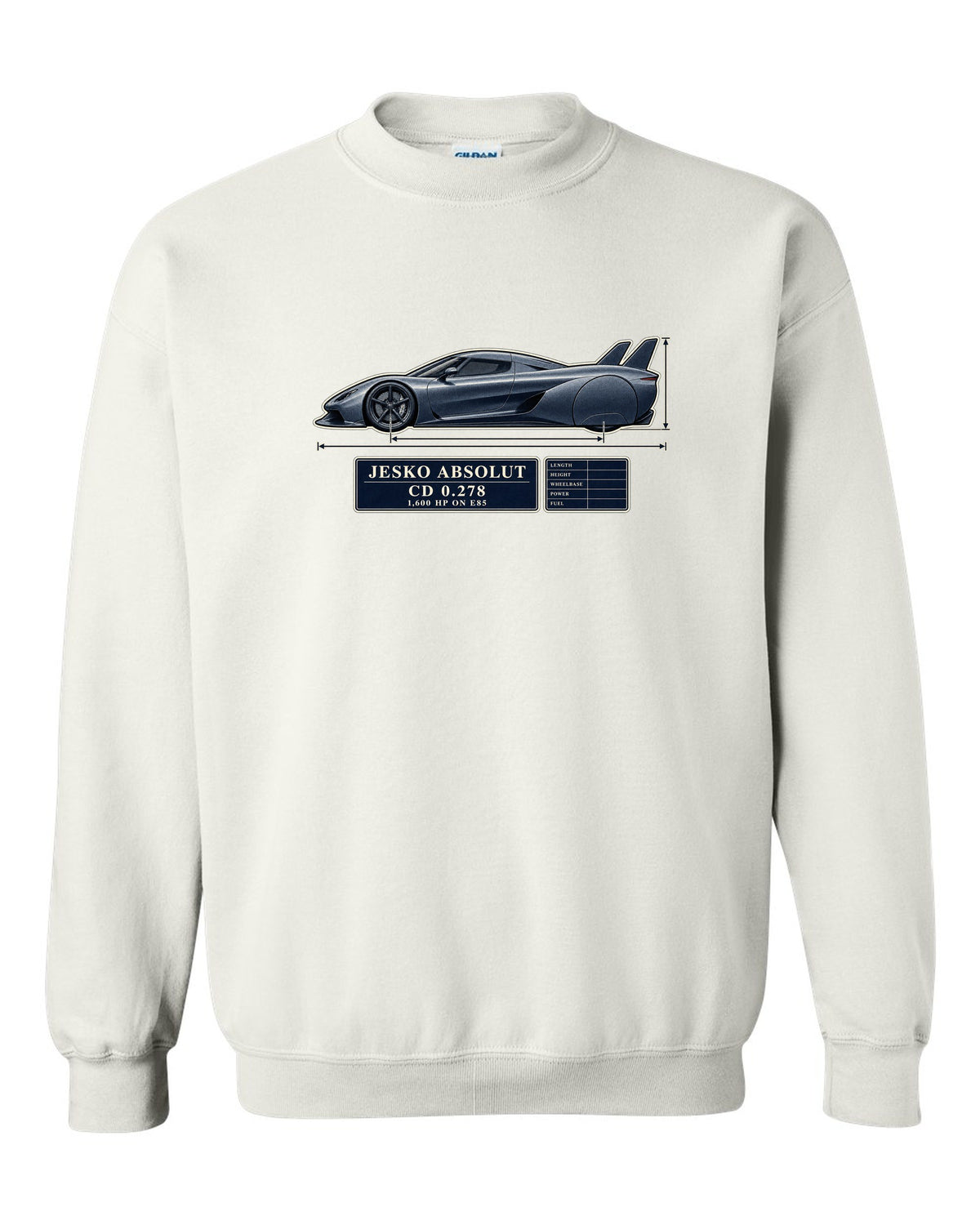 Blueprint drawing of the Koenigsegg Jesko Absolut with twin tail fins and no wing, print white crewneck front view with the design