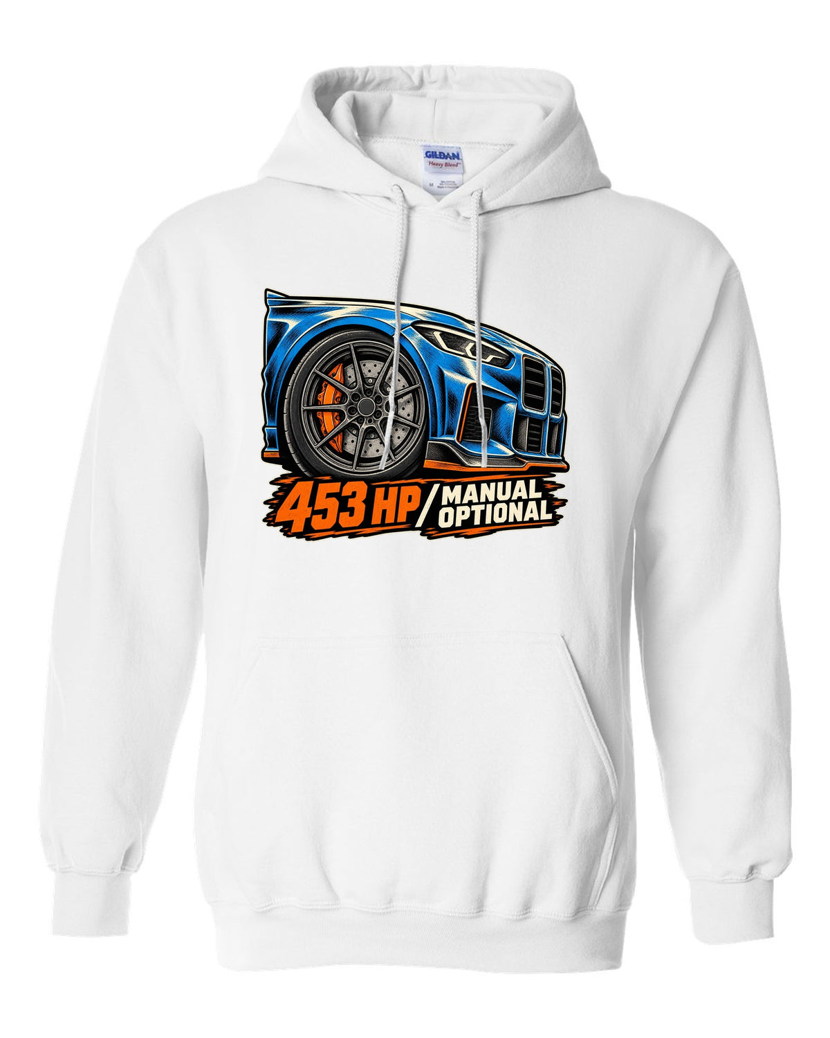 Embroidery-style shield crest print of a BMW M2 F87 with chargepipe fund text white pull over hoodie front view with the design