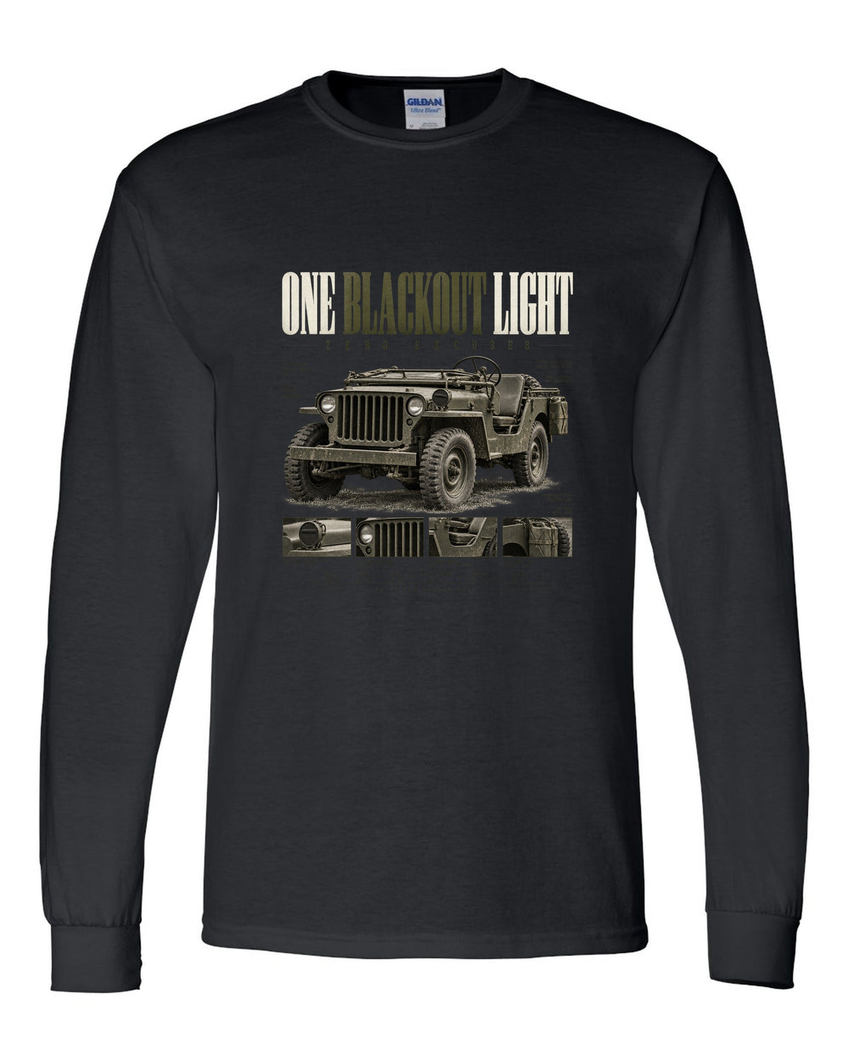 Editorial headline print for the Willys MB blackout light, 1941-1945 black long sleeve front view with the design