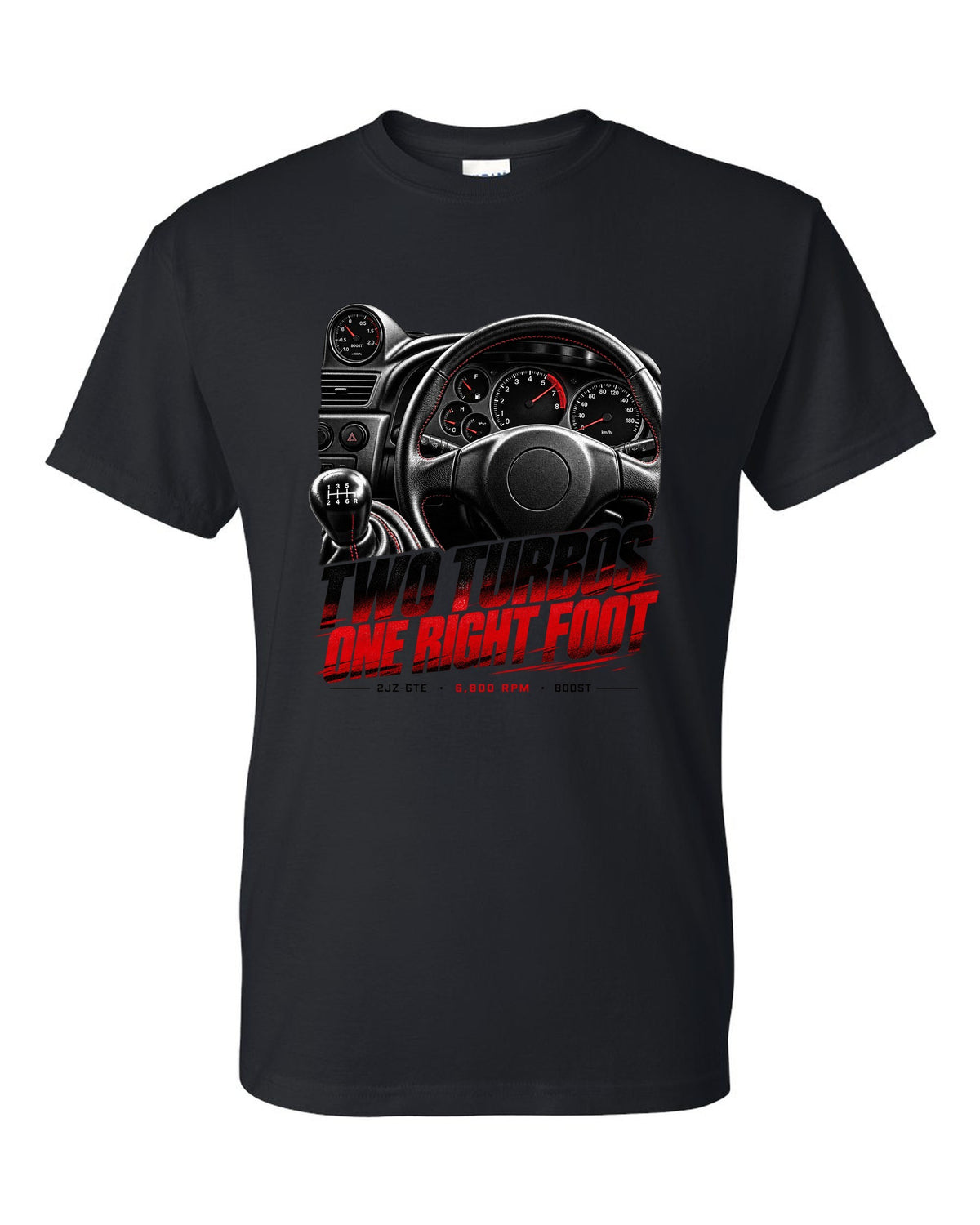 Cockpit and gauge print of a Toyota Supra A80 JZA80 with 6,800 redline black t-shirt front view with the design