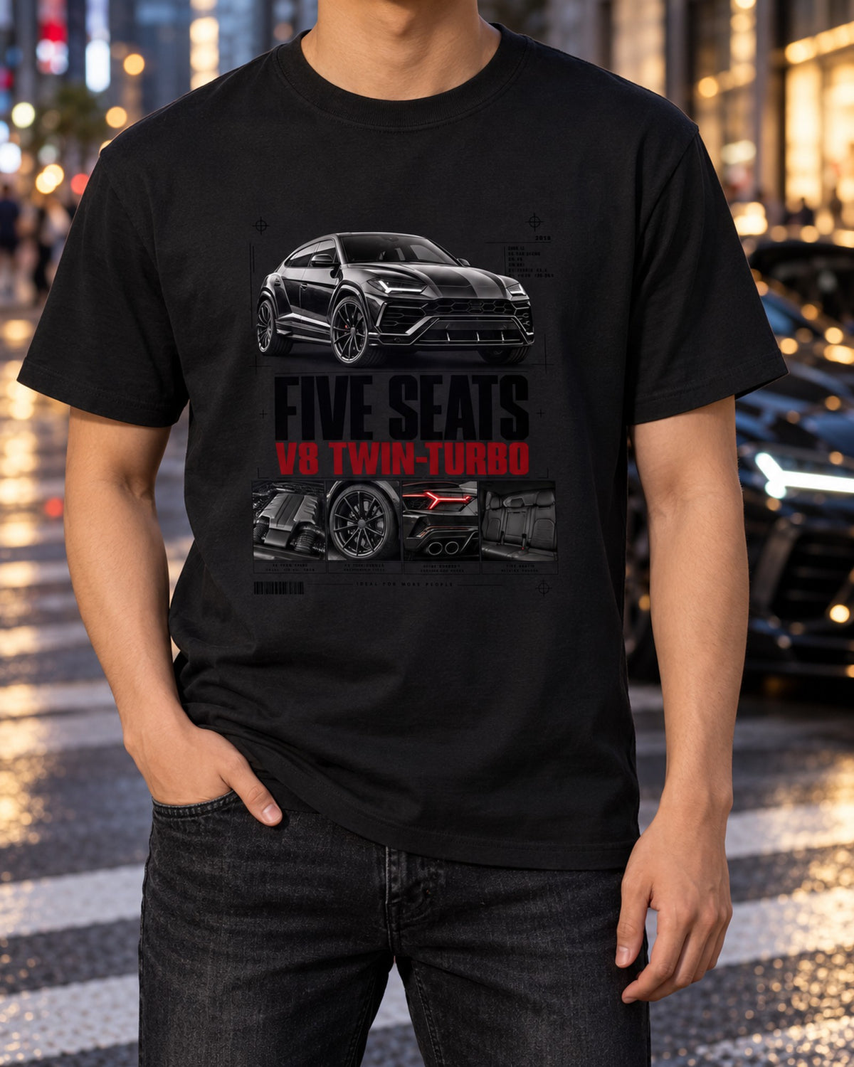 Lamborghini Urus Dossier Panel Shirt, Five Seats V8 Car Tee T-Shirt Black worn hero