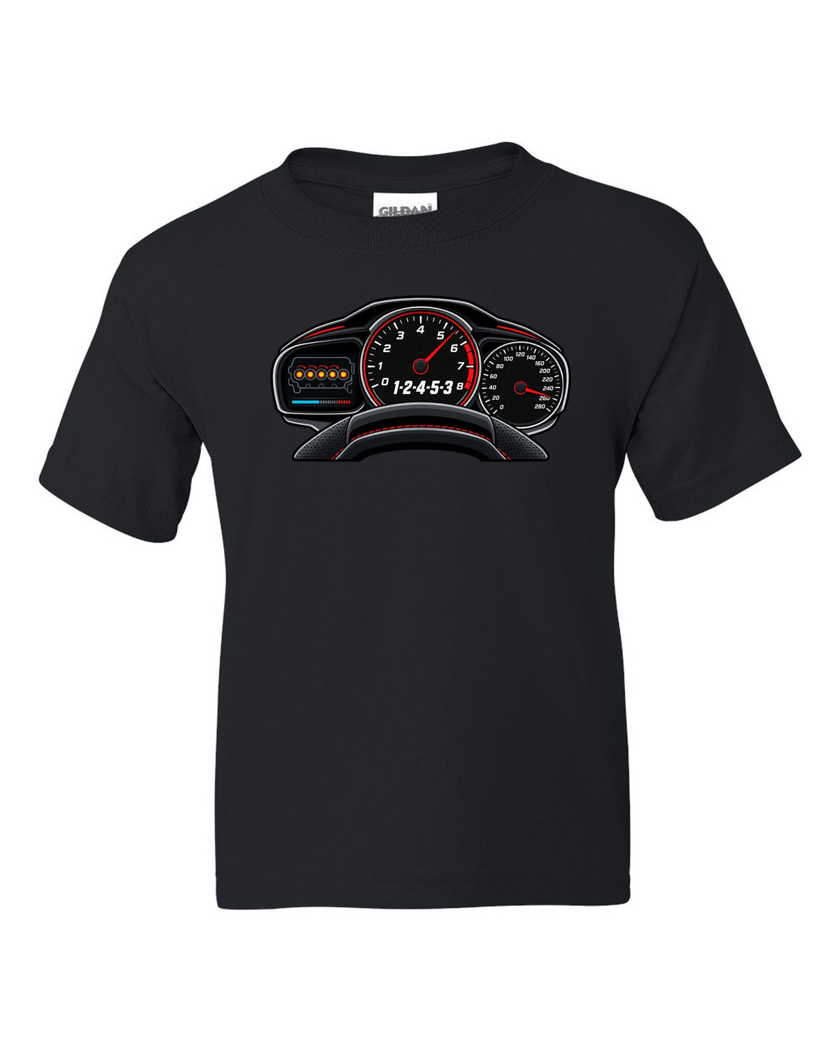 Flat gauge cluster print for the Audi RS3 8V showing the 1-2-4-5-3 firing order black kids tee front view with the design