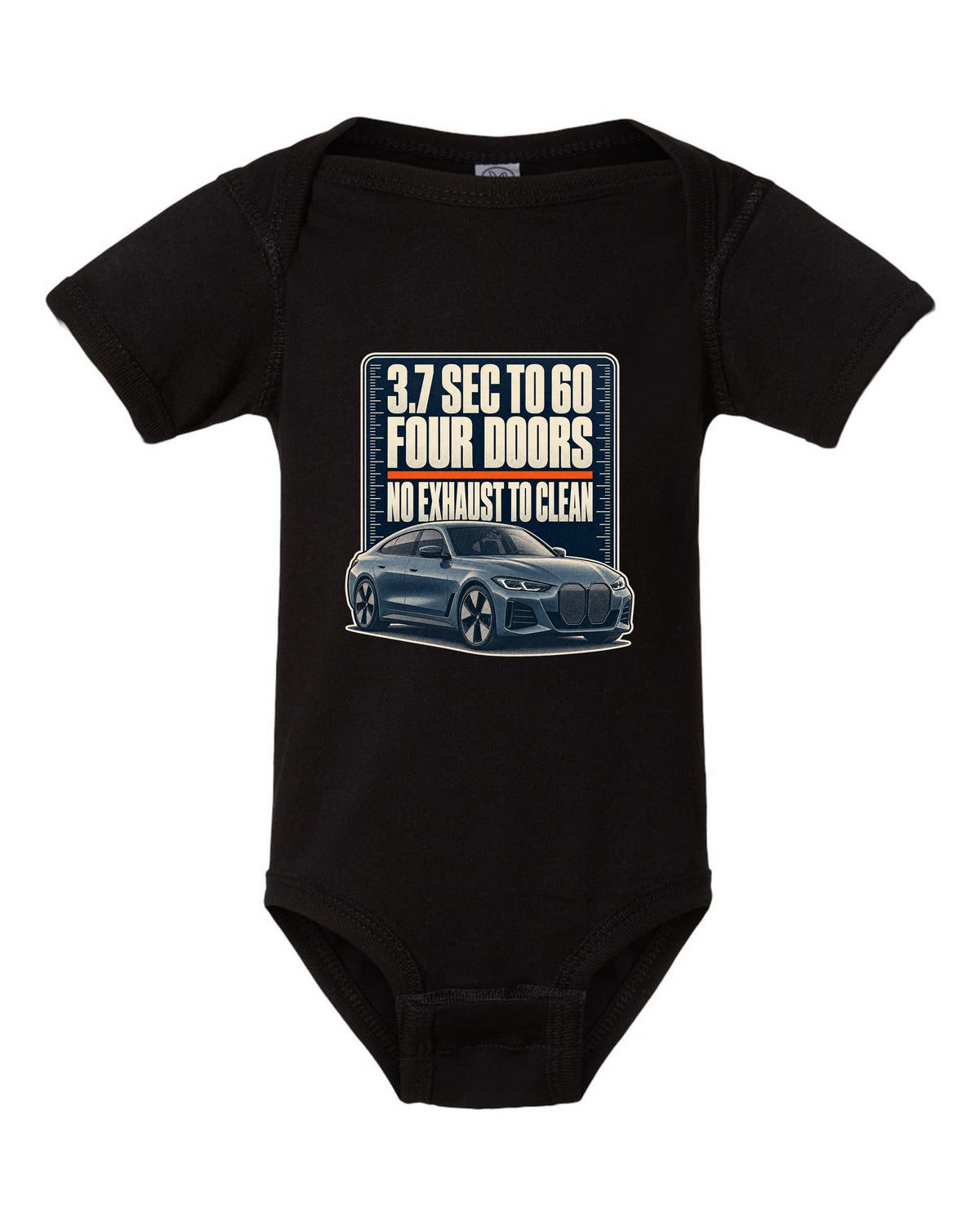 Halftone print of the BMW i4 M50 G26 with 3.7 second 0-60 time black baby onesie front view with the design