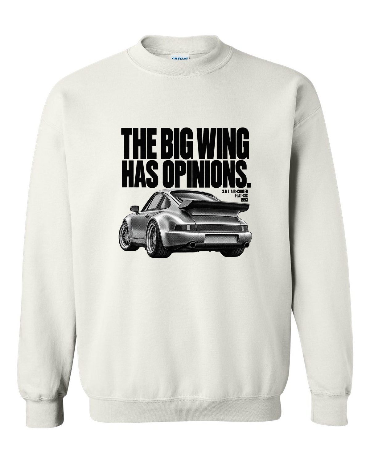 Halftone print of a Porsche 911 Turbo 3.6 964 with whale tail wing white crewneck front view with the design