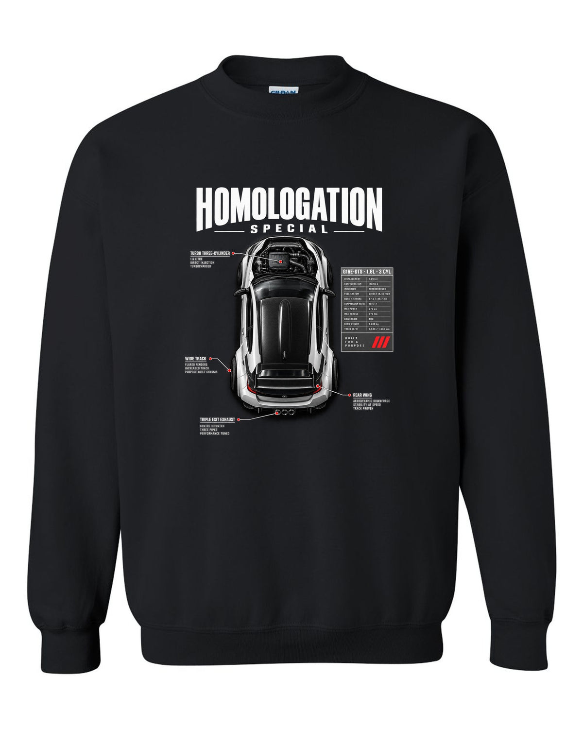 Spec poster style print of a Toyota GR Yaris with G16E-GTS 1.6L 3 cylinder text black crewneck front view with the design