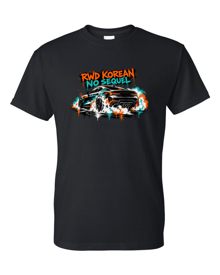Hyundai Genesis Coupe BK2 stencil spray burnout print with RWD Korean no sequel text black t-shirt front view with the design