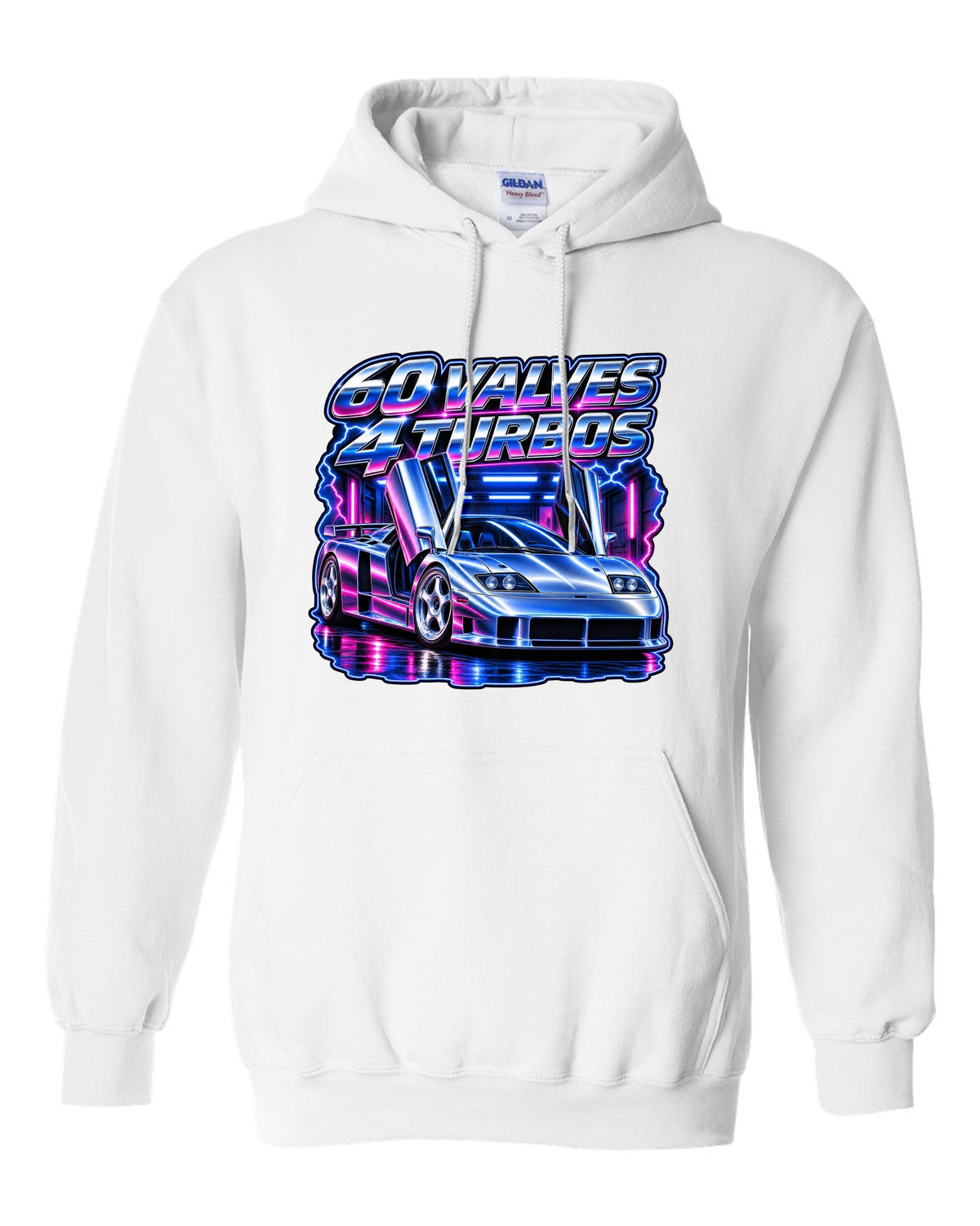 90s airbrush chrome print of a Bugatti EB110 SS with 60 valves and 4 turbos lettering white pull over hoodie front view with the design