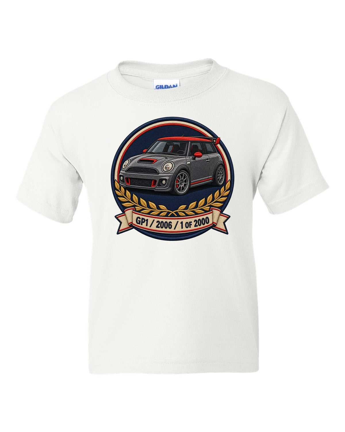 Varsity crest for the Mini Cooper GP1 2006, 1 of 2000 white kids tee front view with the design