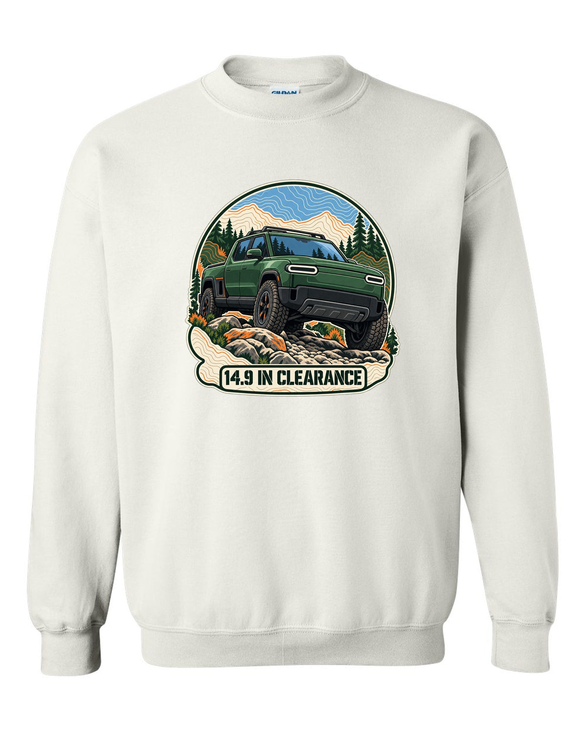 Topographic contour map illustration print of a Rivian R1T reading 14.9 In Clearance white crewneck front view with the design