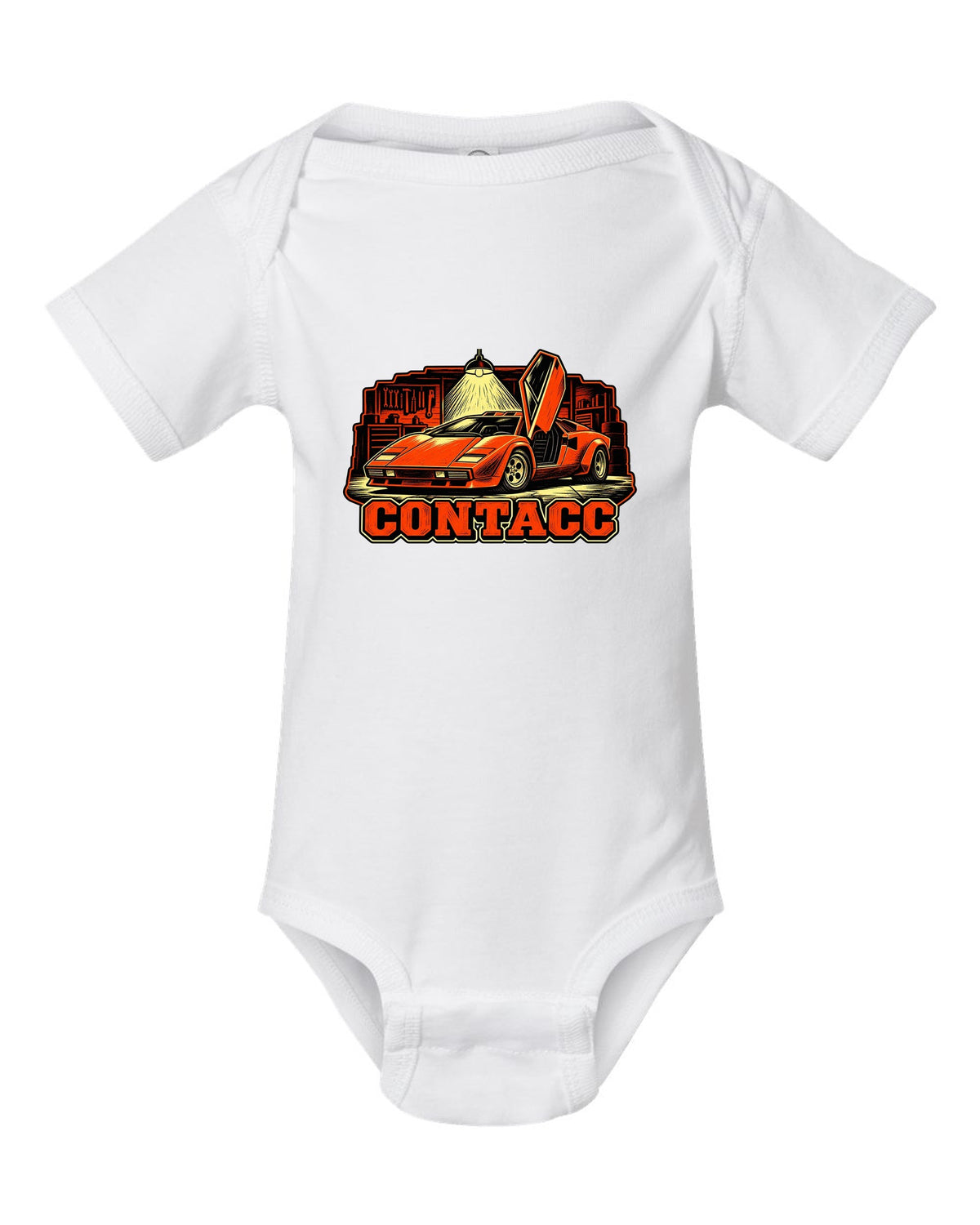 Linocut woodcut print of a 1974 Lamborghini Countach LP400 in a garage under one bulb white baby onesie front view with the design