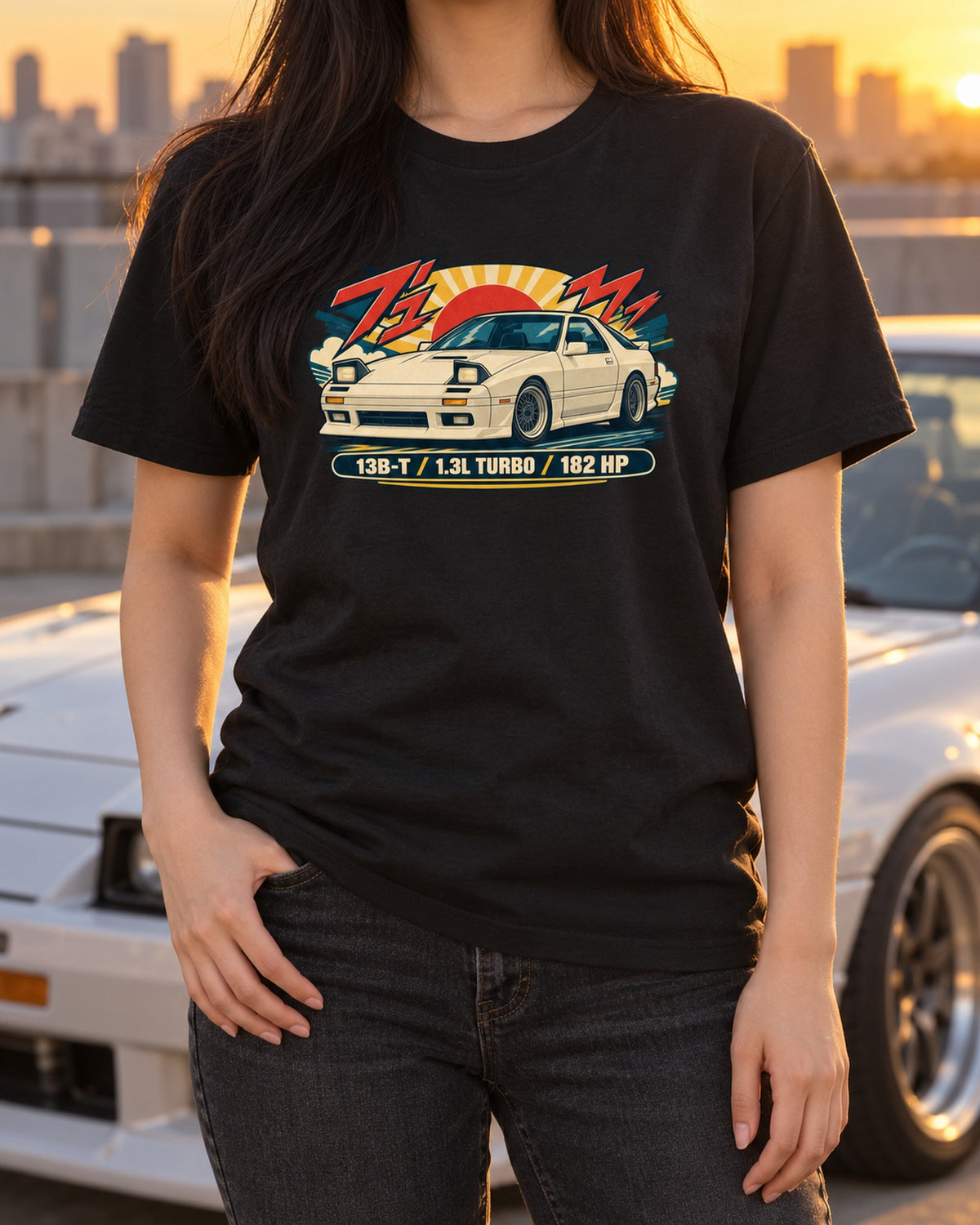 Mazda MX-5 ND Riso Print Shirt, 50:50 Balance Car Tee T-Shirt Black worn hero
