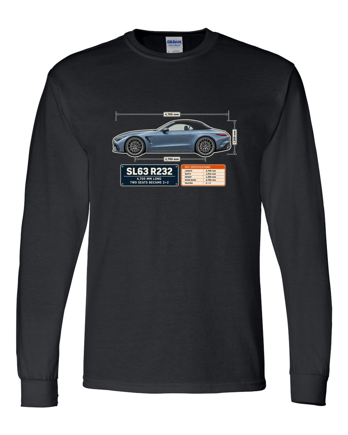 Mercedes-AMG SL63 R232 Dimension Blueprint black long sleeve front view with the design