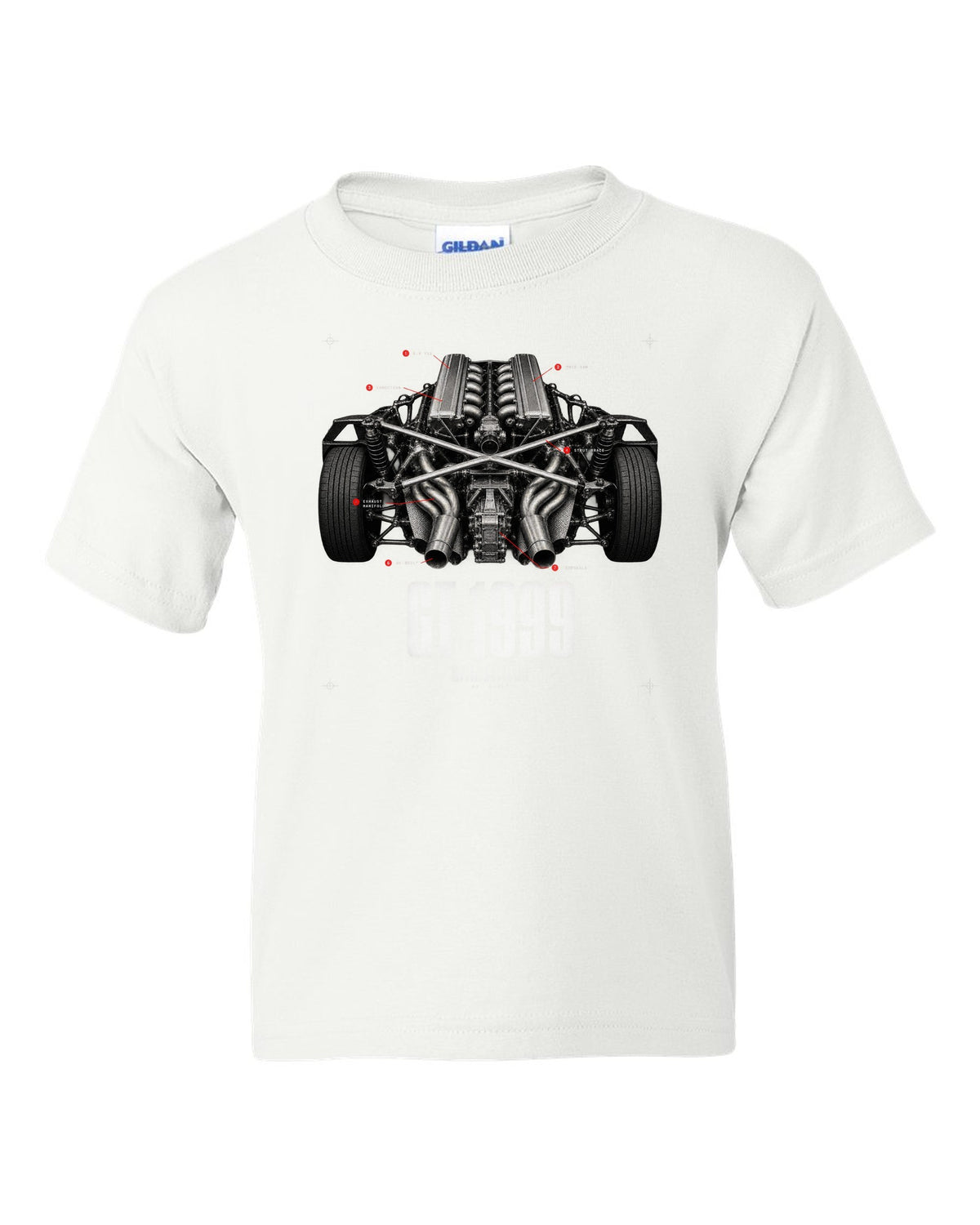 Engine hero print of a Lamborghini Diablo GT 6.0 V12 with 80 built text white kids tee front view with the design