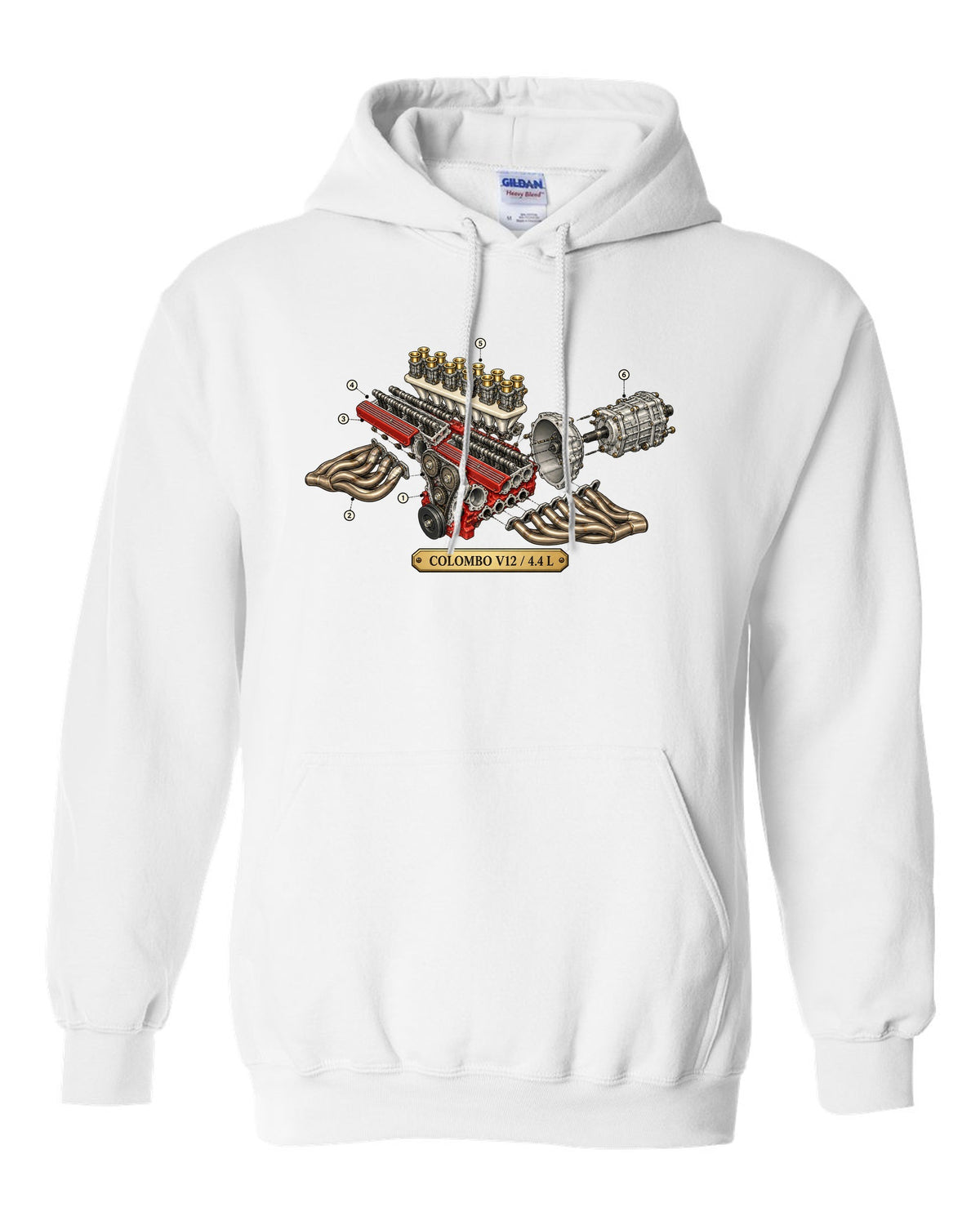 Exploded view of the Ferrari 365 GTB/4 Daytona Colombo V12 engine white pull over hoodie front view with the design